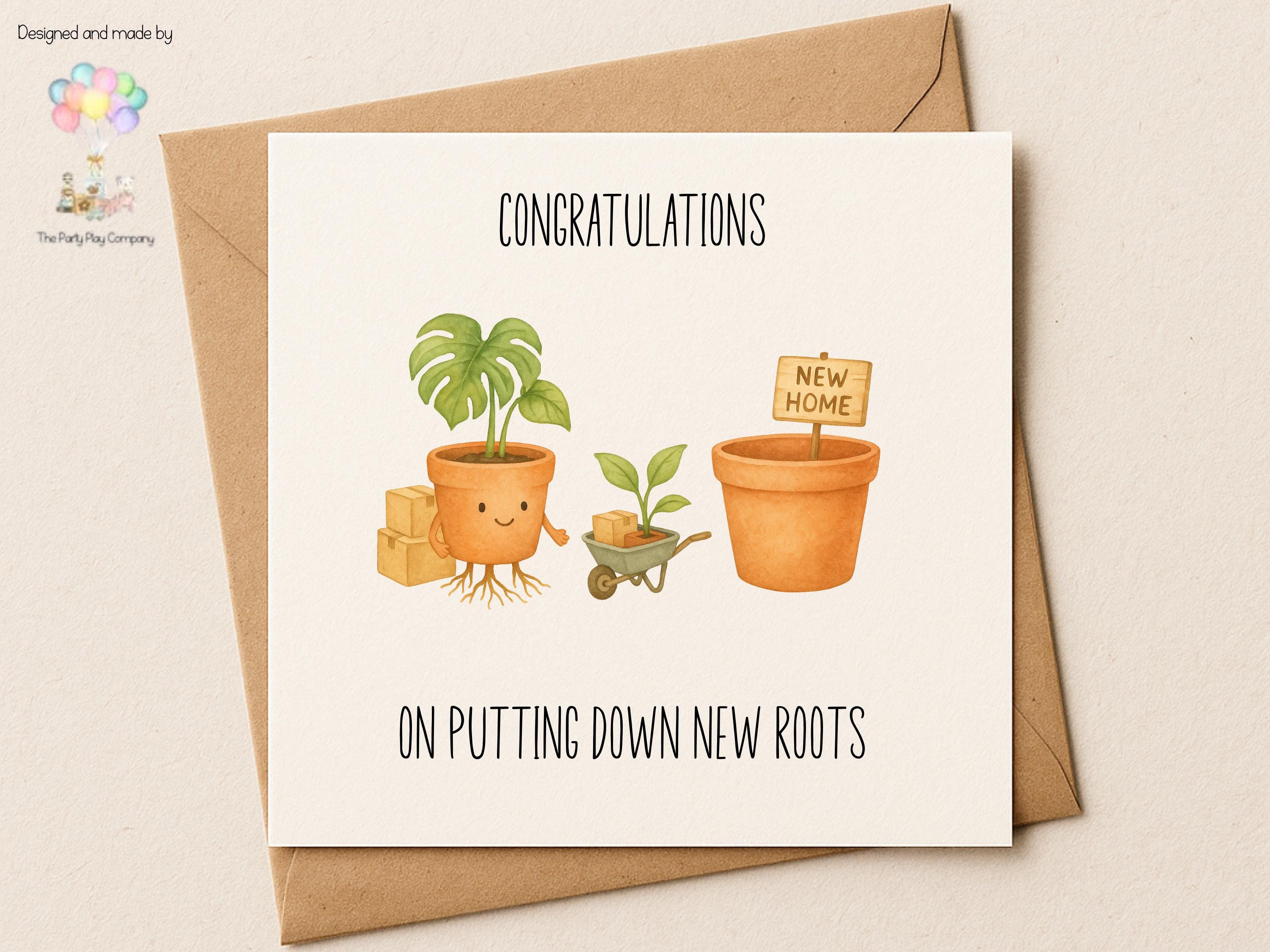 Funny New Home Card | Plant Pun Housewarming Card | Putting Down New Roots Greeting | Quirky Moving Home Card | 4 for 10 Pound Offer