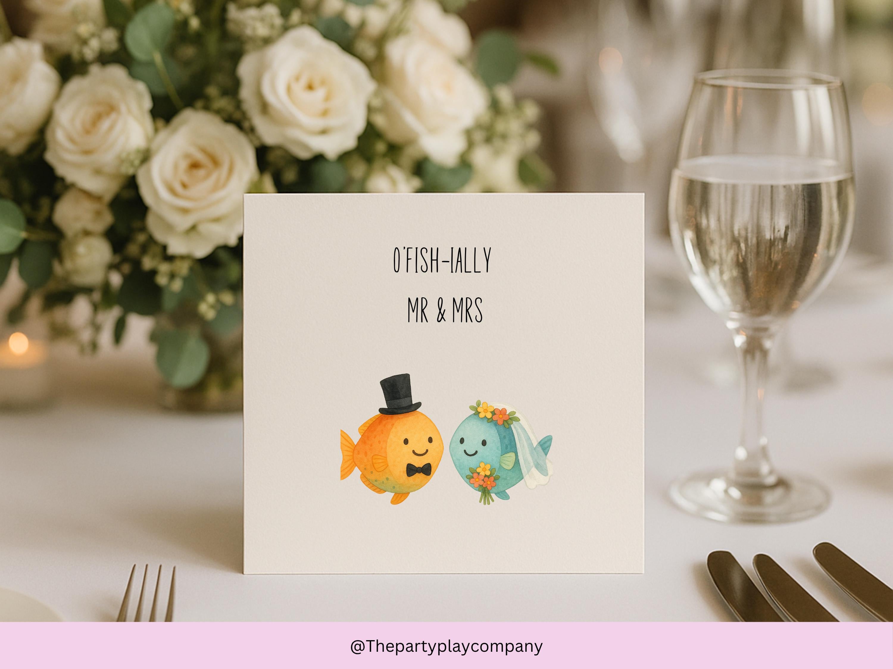 Funny Fish Wedding Card: "O'Fish-ally Mr & Mrs" Watercolor Illustration
