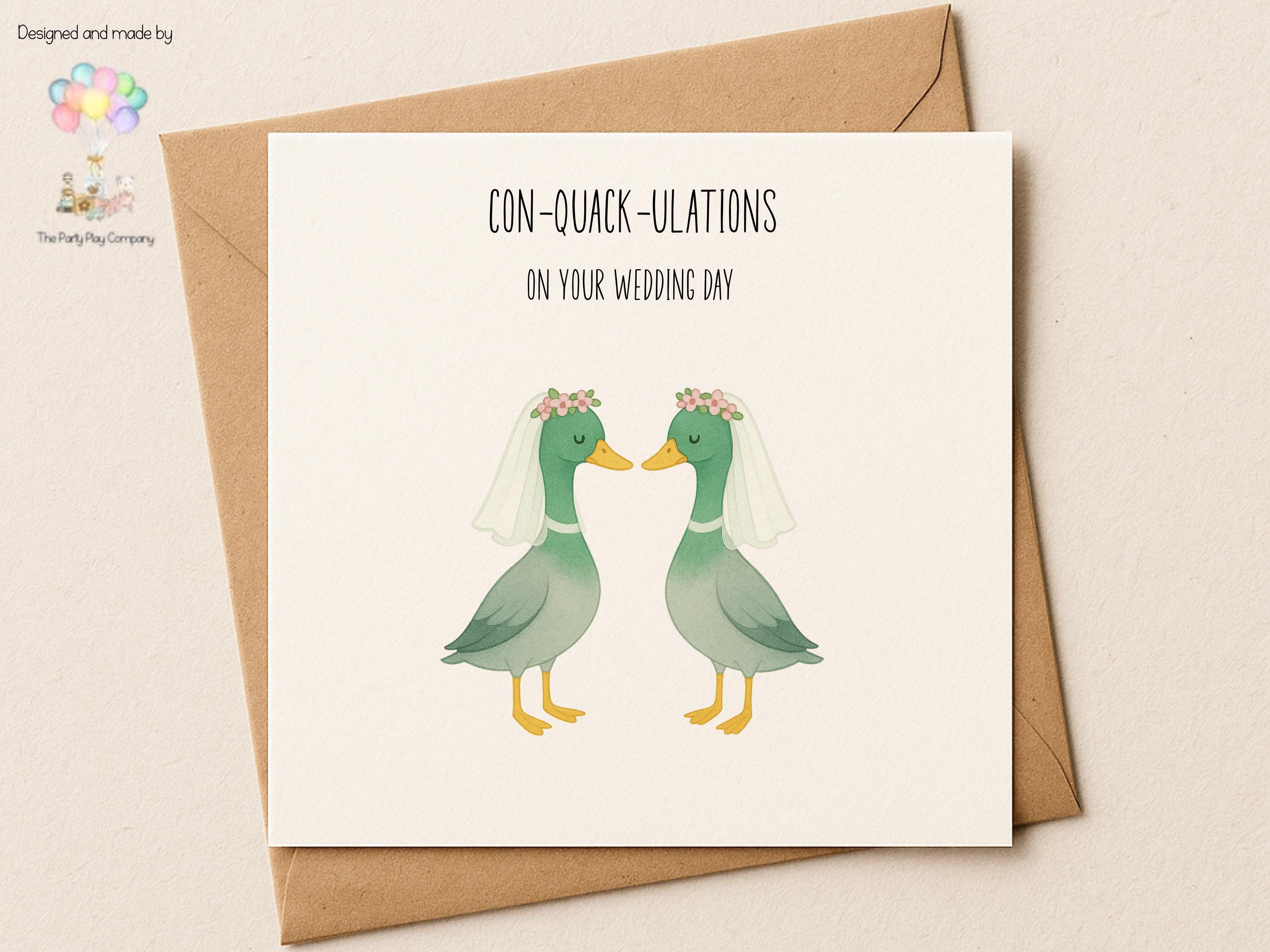 Funny Lesbian Wedding Card: Con-Quack-ulations Duck Pun Illustration
