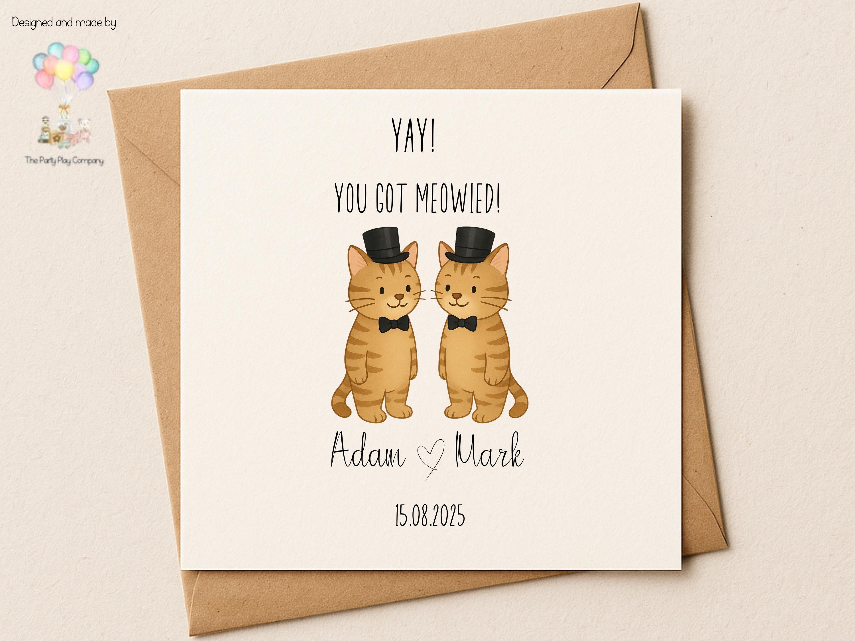 Funny Gay Wedding Card: You Got Meowied Cat Pun, Personalized Anniversary