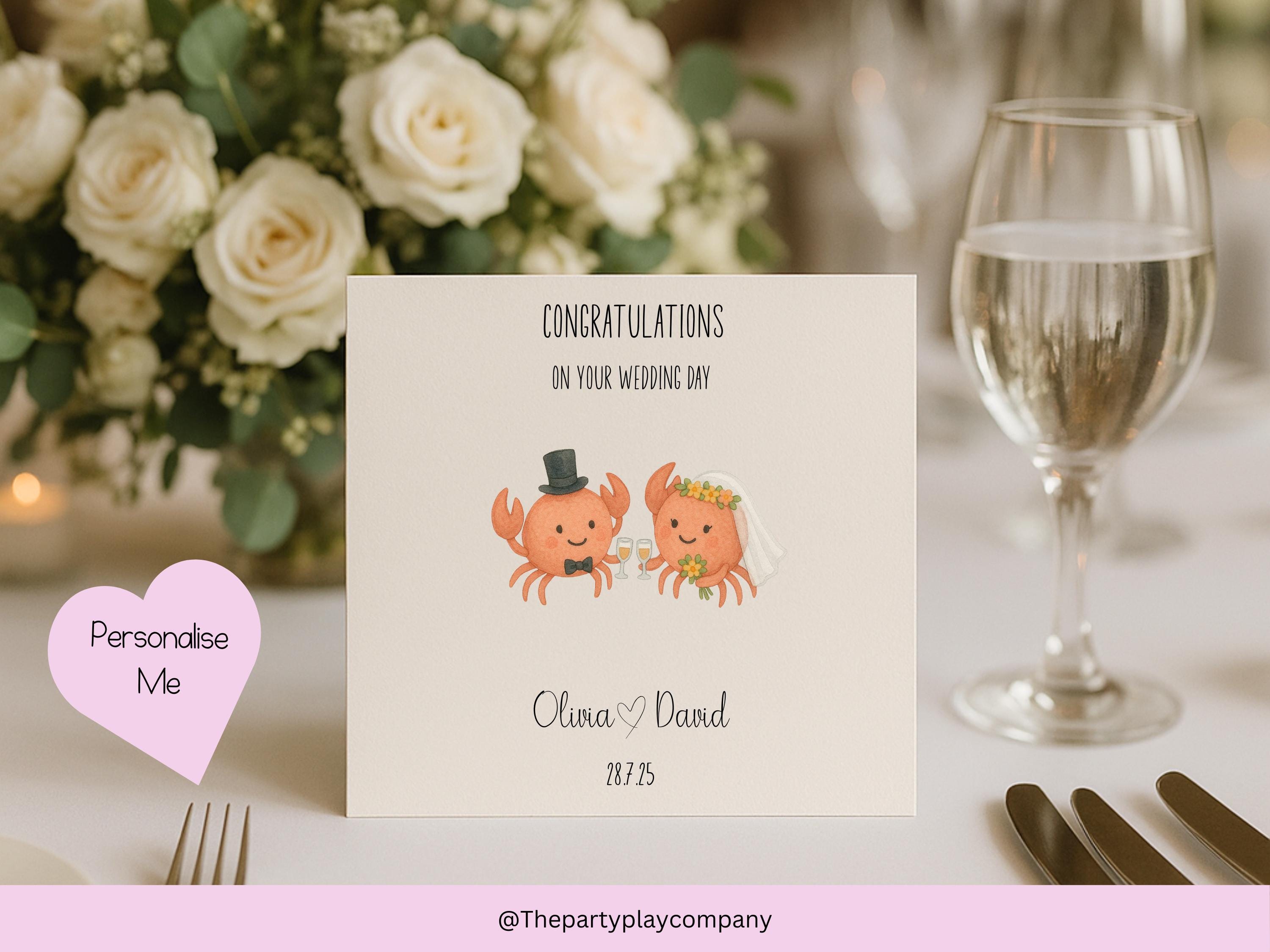 Personalised Wedding Card | Cute Crab Couple | Custom Names & Date | Engagement or Anniversary Card