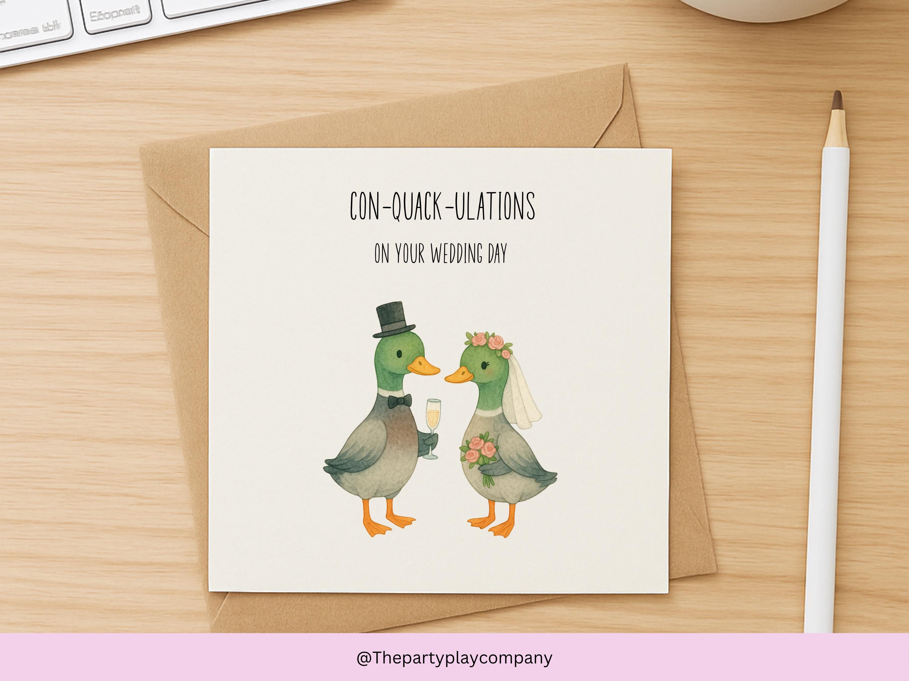 Funny Duck Wedding Card: "Con-Quack-ulations" Mallard Bride & Groom