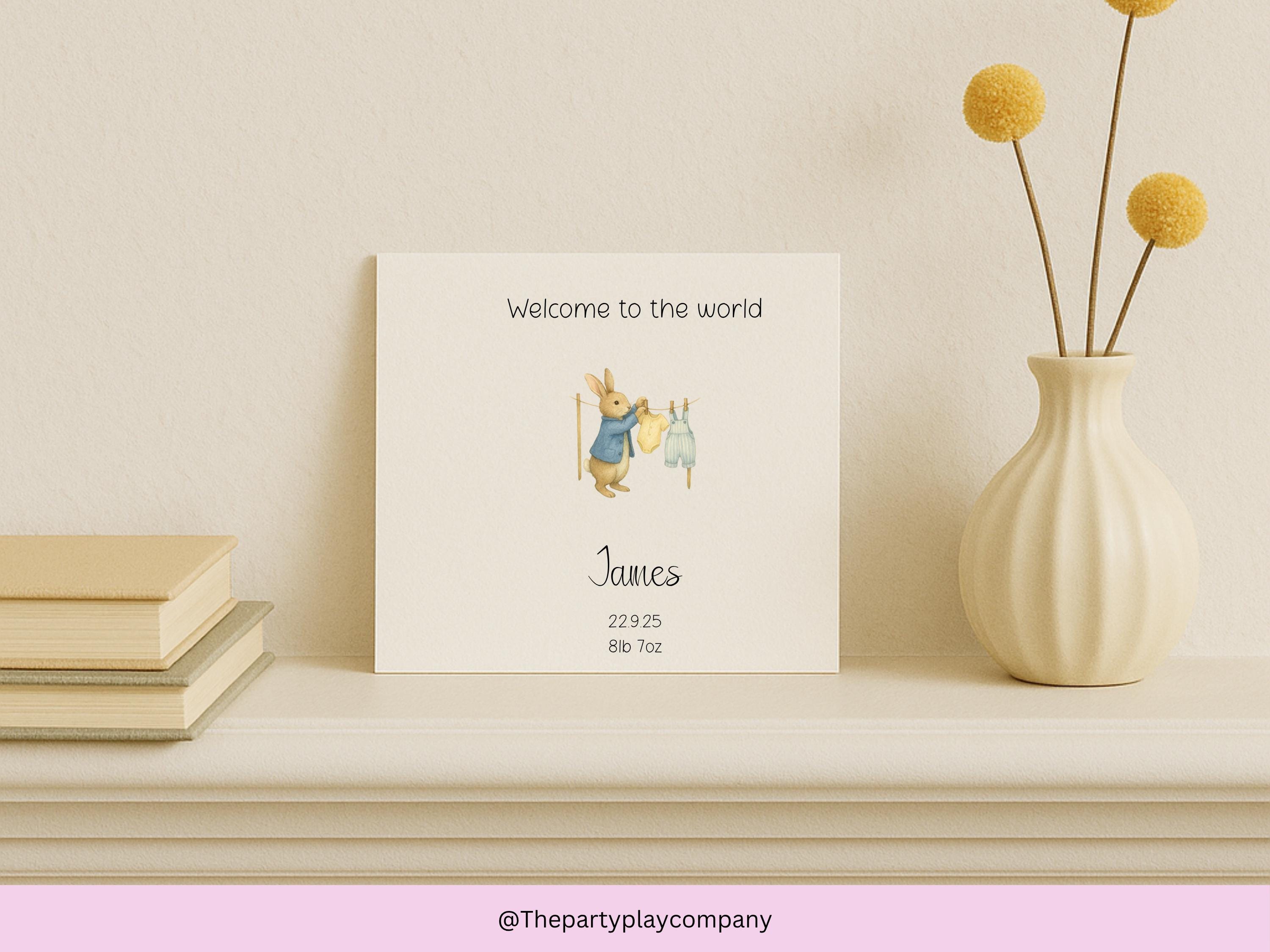 Personalized New Baby Boy Card: Blue Bunny Clothesline Design