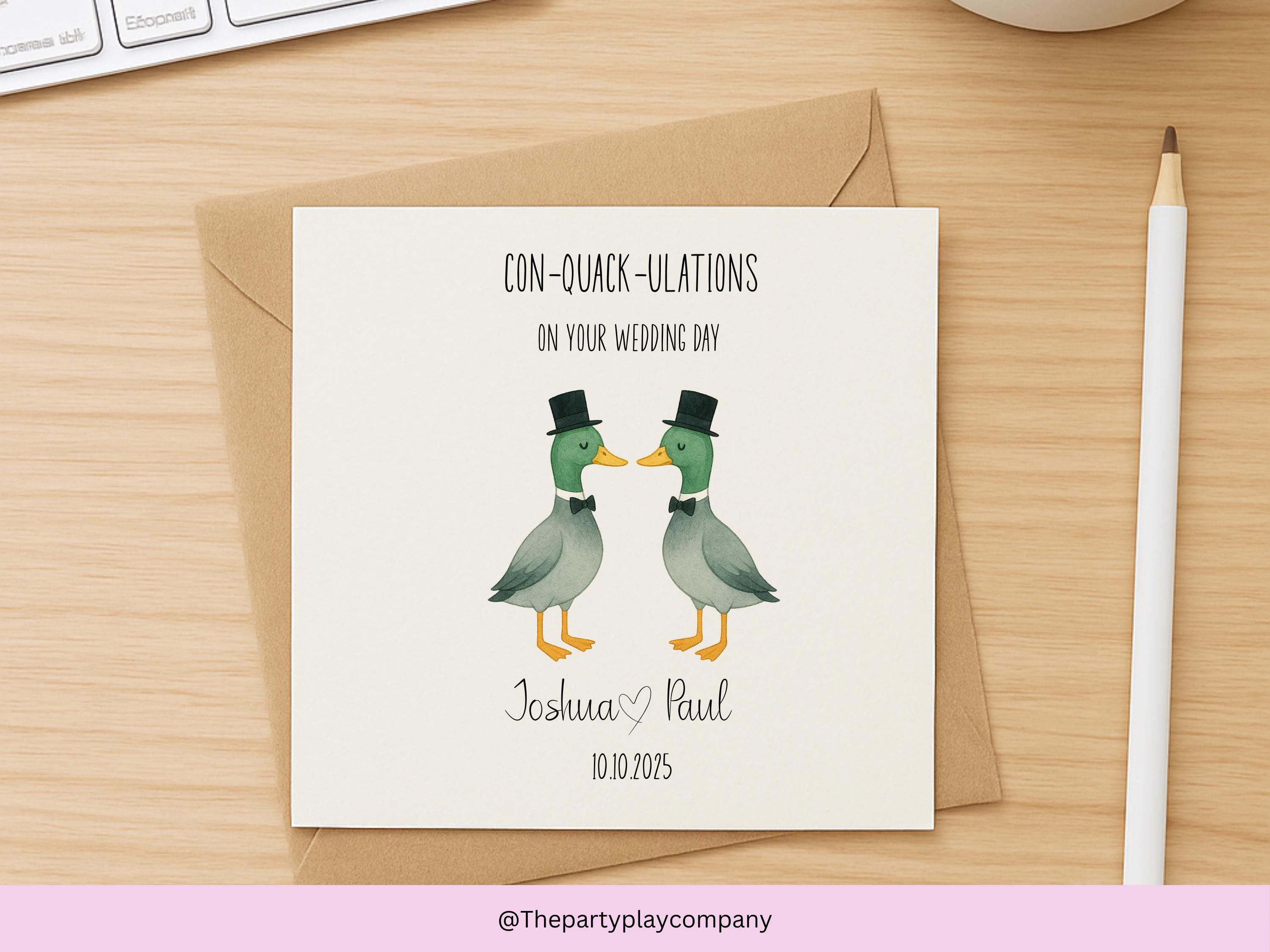 Funny Gay Wedding Card: Con-Quack-ulations Duck Pun - Personalized LGBTQ+ Anniversary