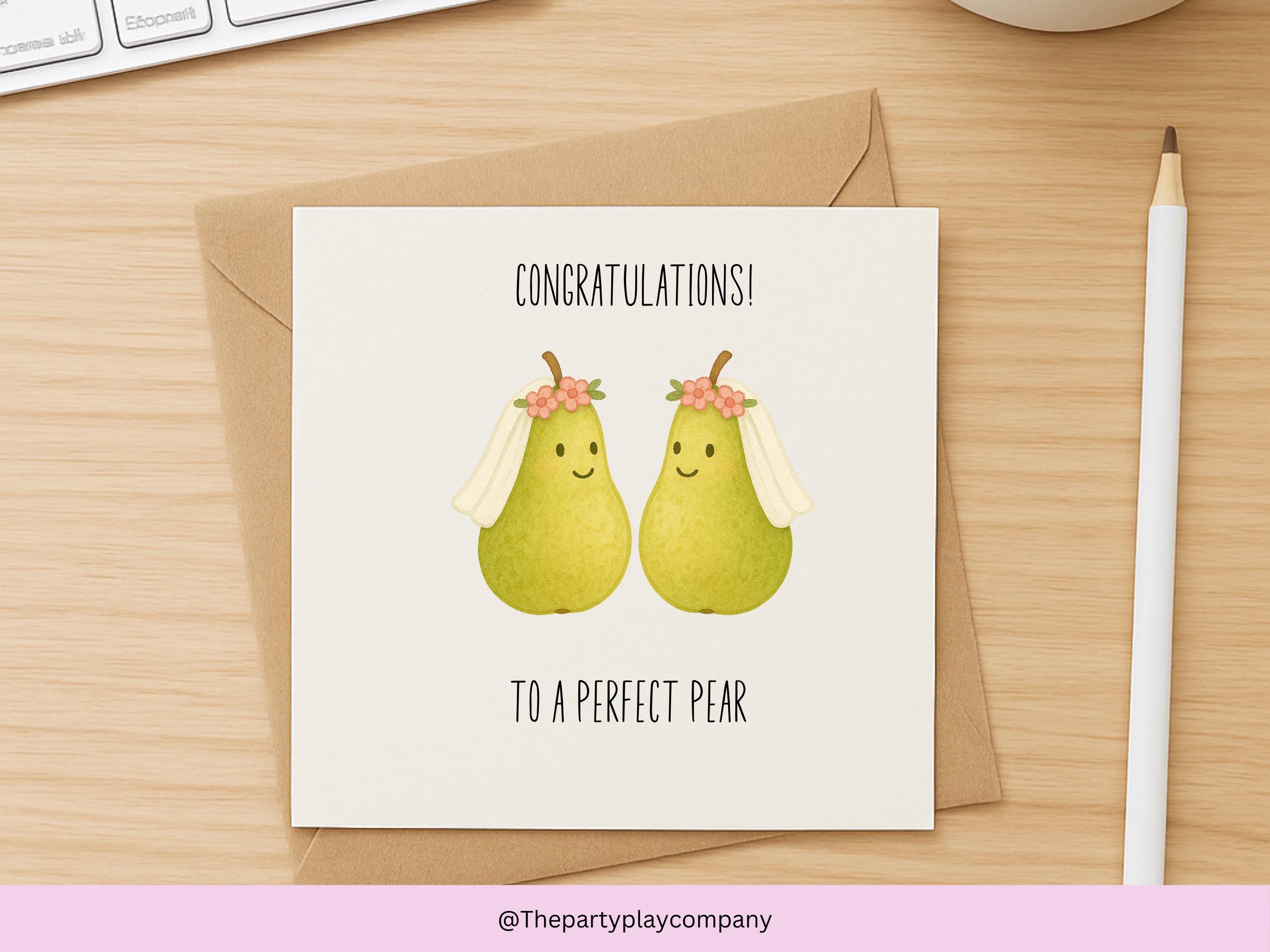 Funny LGBTQ Lesbian Wedding Card – Perfect Pear Pun – Cute Bride Pears Illustration – Same-Sex Marriage Card for Her