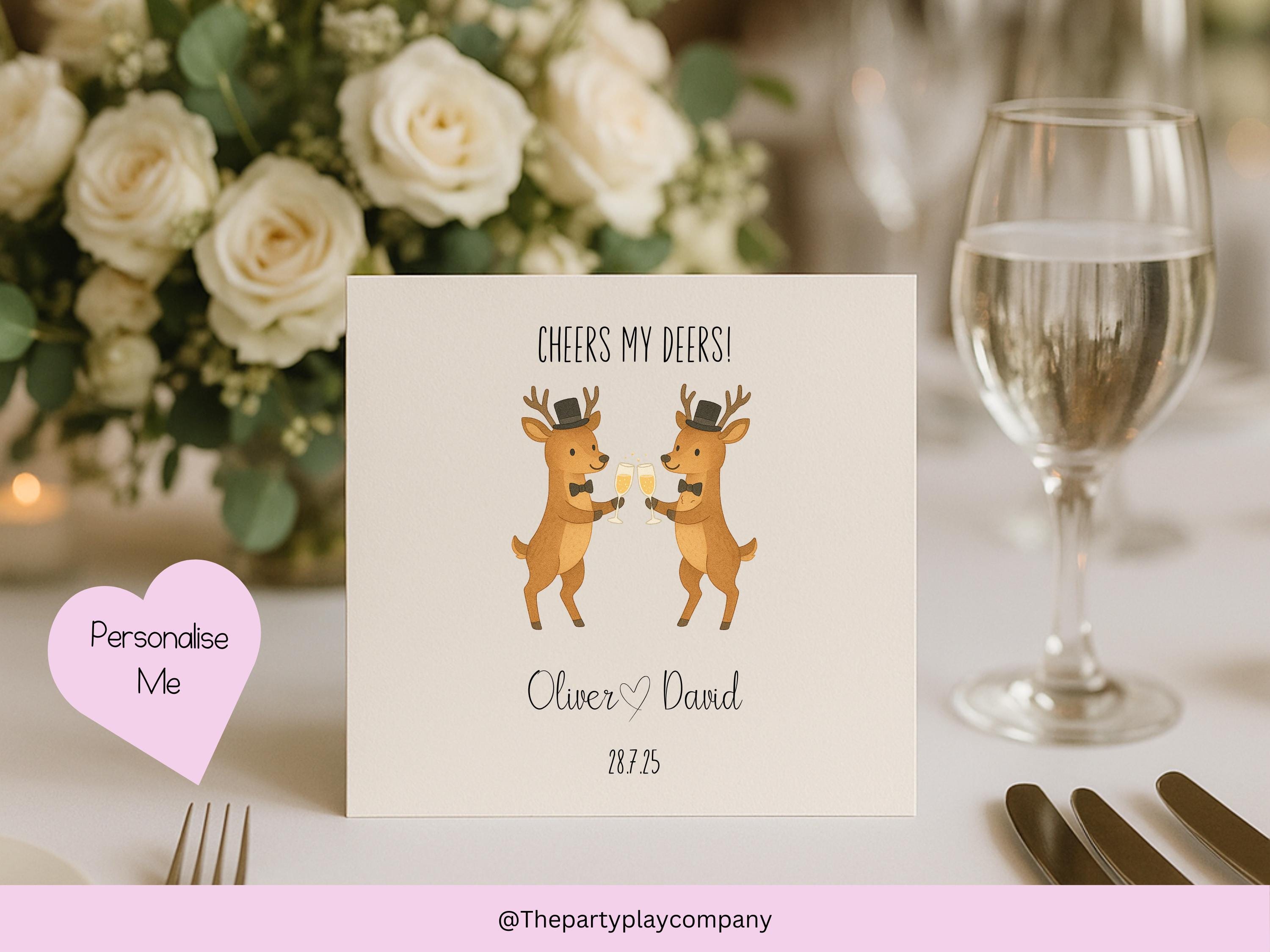 Funny Gay Wedding Card: Cheers My Deers Pun, Personalized LGBTQ+ Anniversary