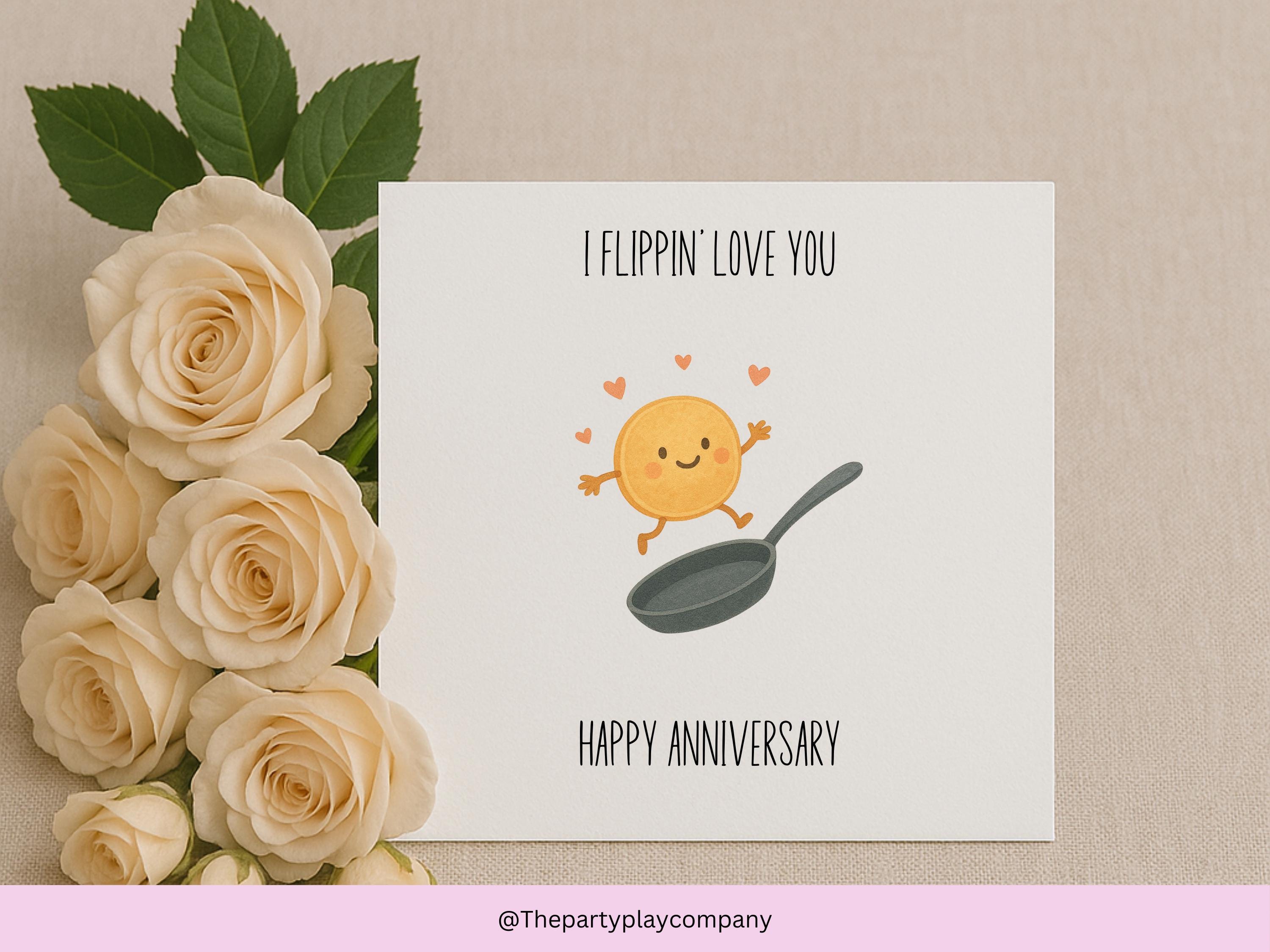 Funny Pancake Anniversary Card: I Flippin' Love You - Kawaii Food Pun