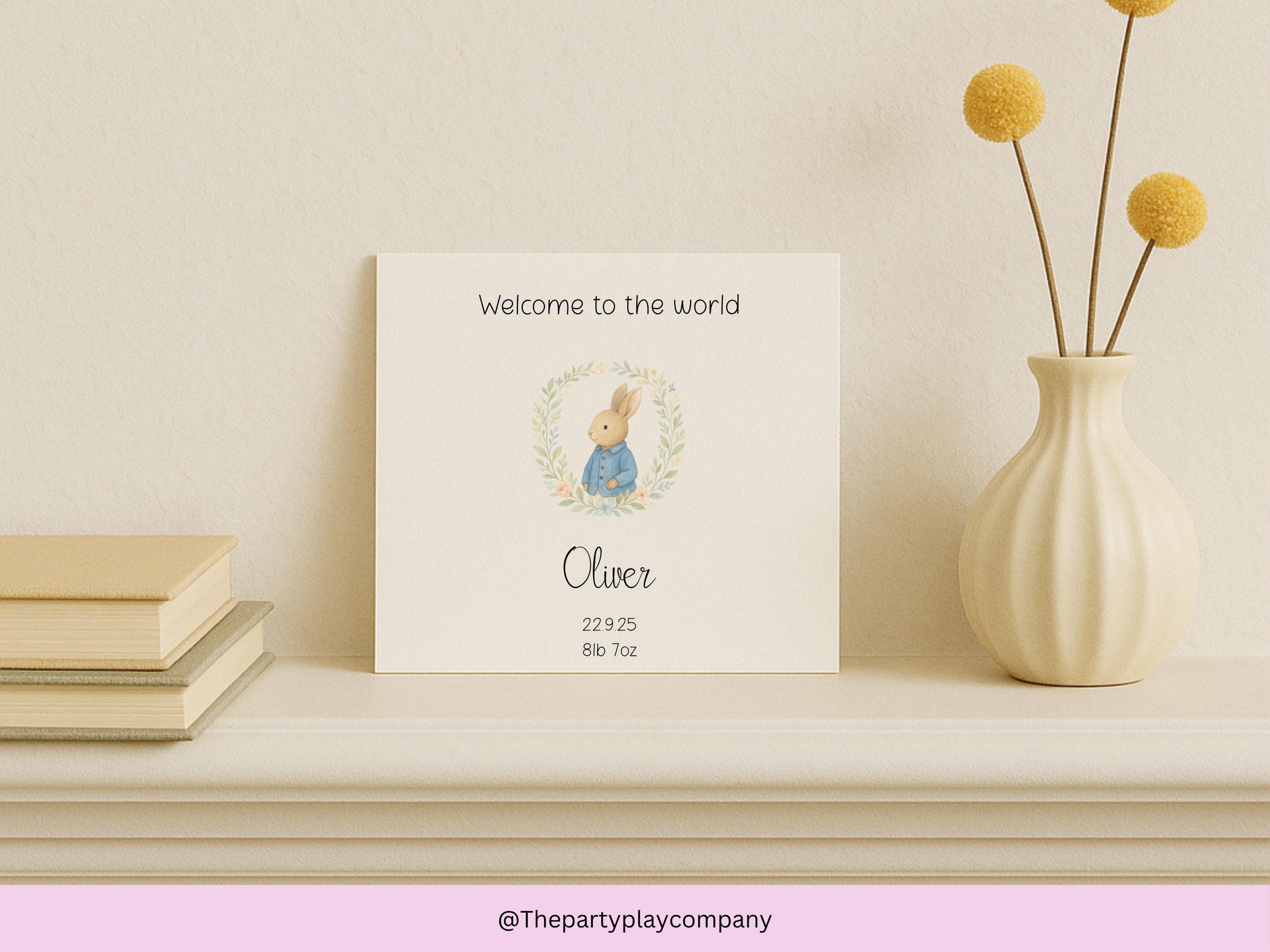 Personalised New Baby Card: Rabbit Floral Wreath Design - Handmade UK