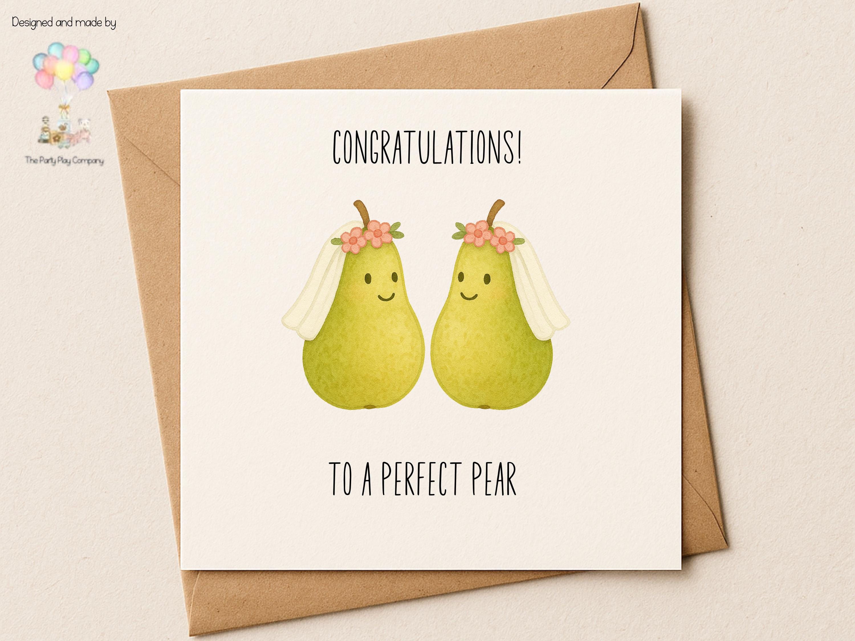Funny LGBTQ Lesbian Wedding Card – Perfect Pear Pun – Cute Bride Pears Illustration – Same-Sex Marriage Card for Her