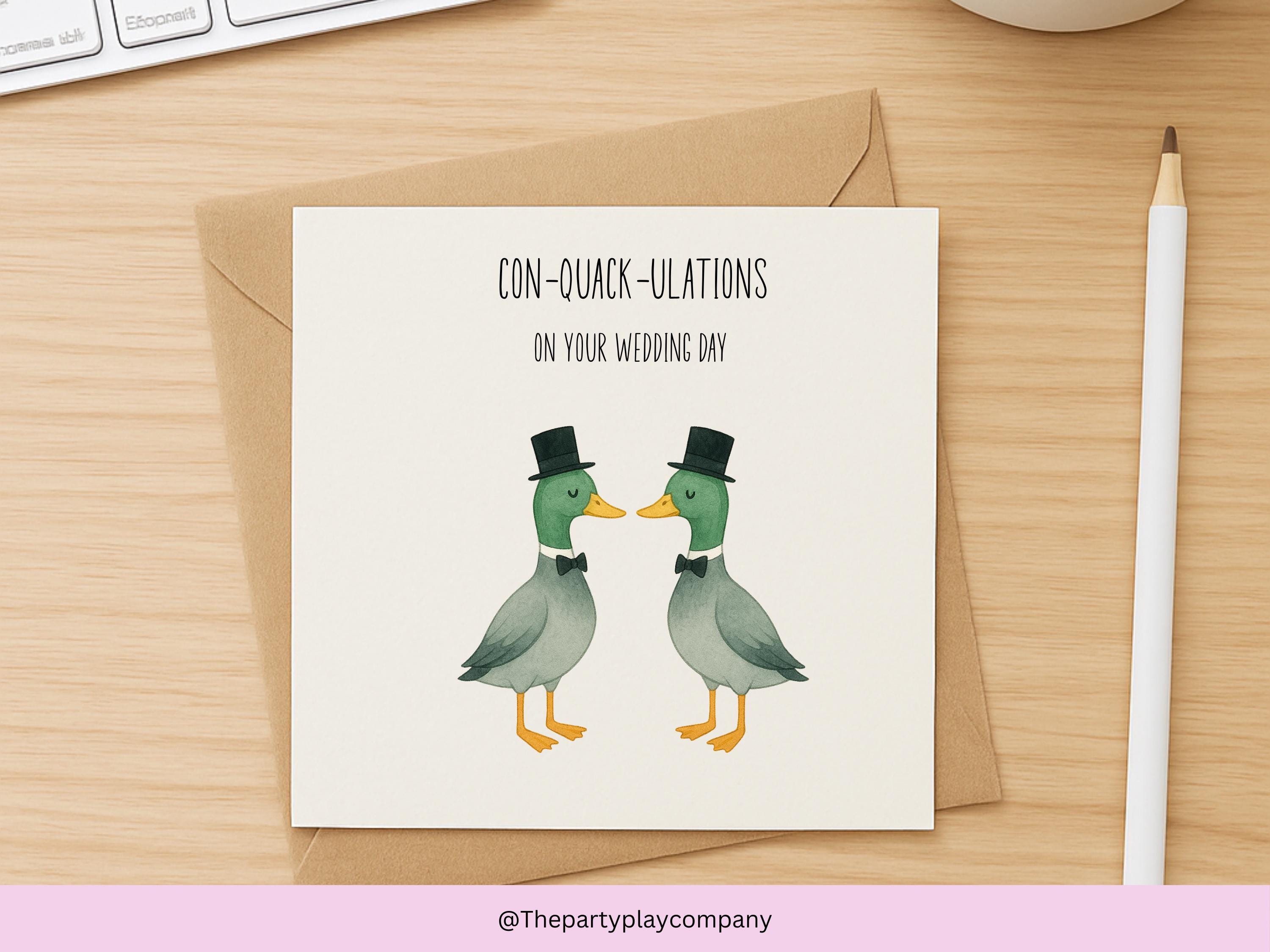 Funny Gay Wedding Card: Con-Quack-ulations Duck Pun Illustration