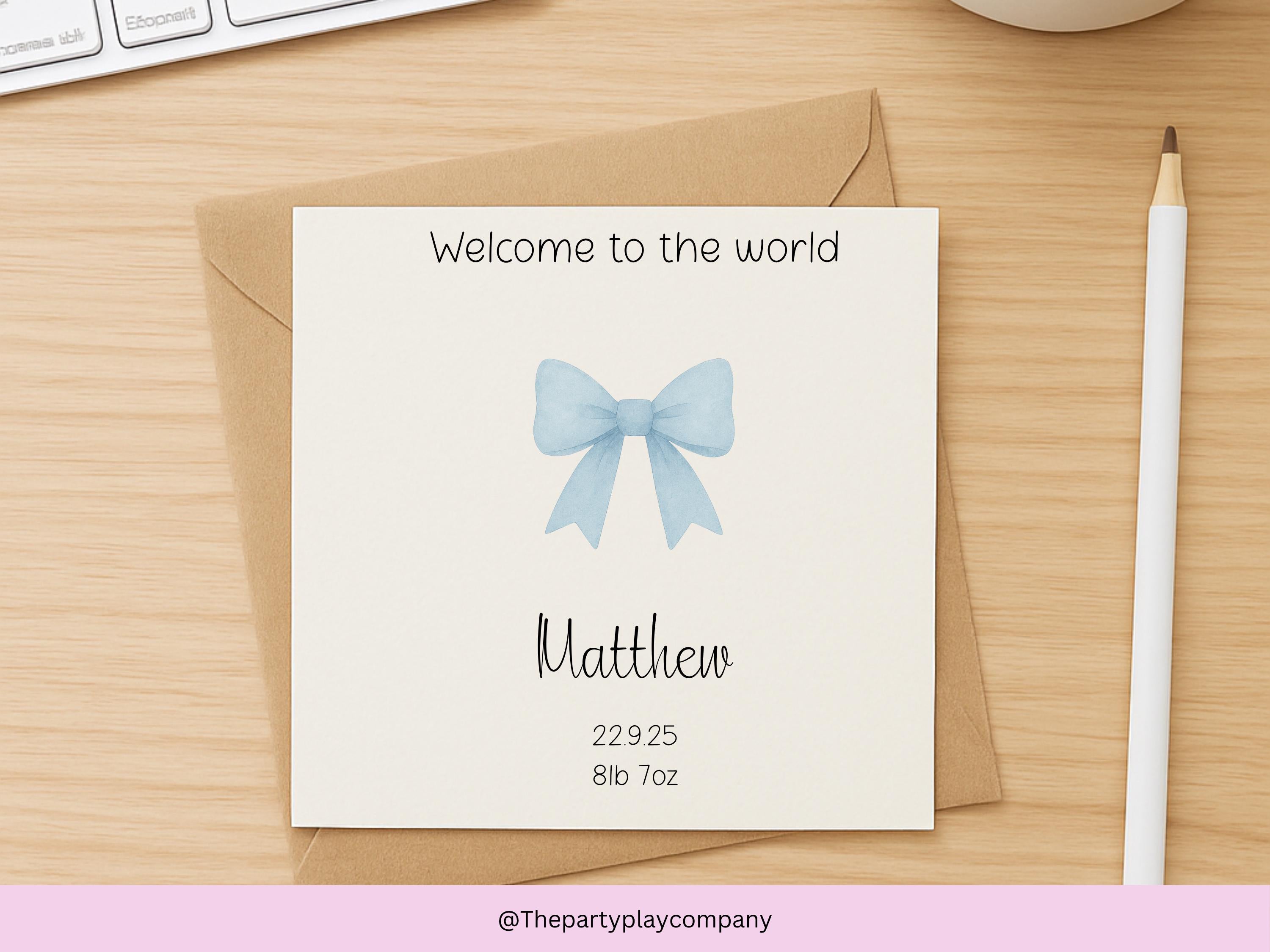Personalized New Baby Boy Card: Blue Bow, Handmade UK