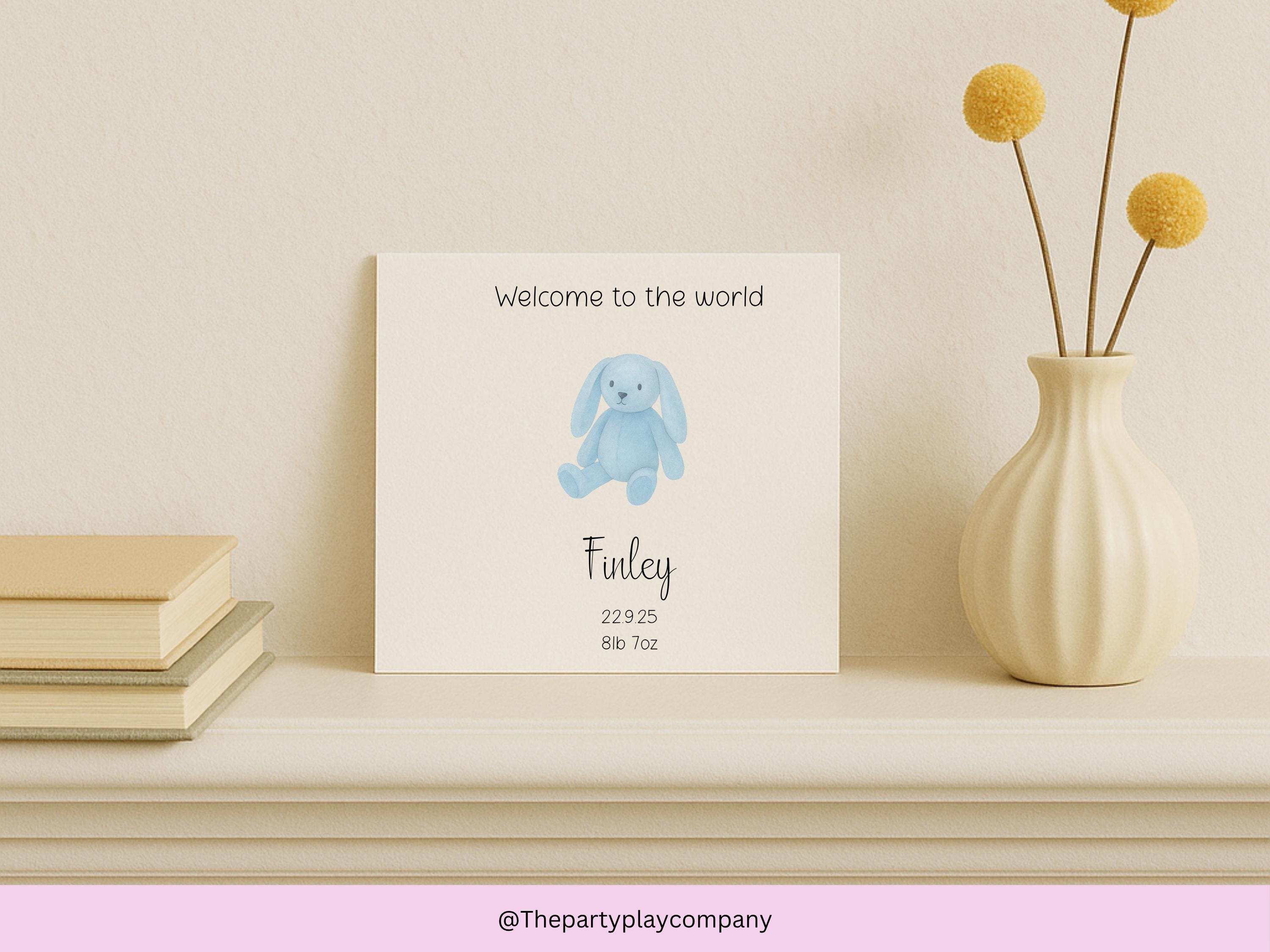 Personalized Blue Bunny New Baby Card: Custom Birth Stats, Handmade