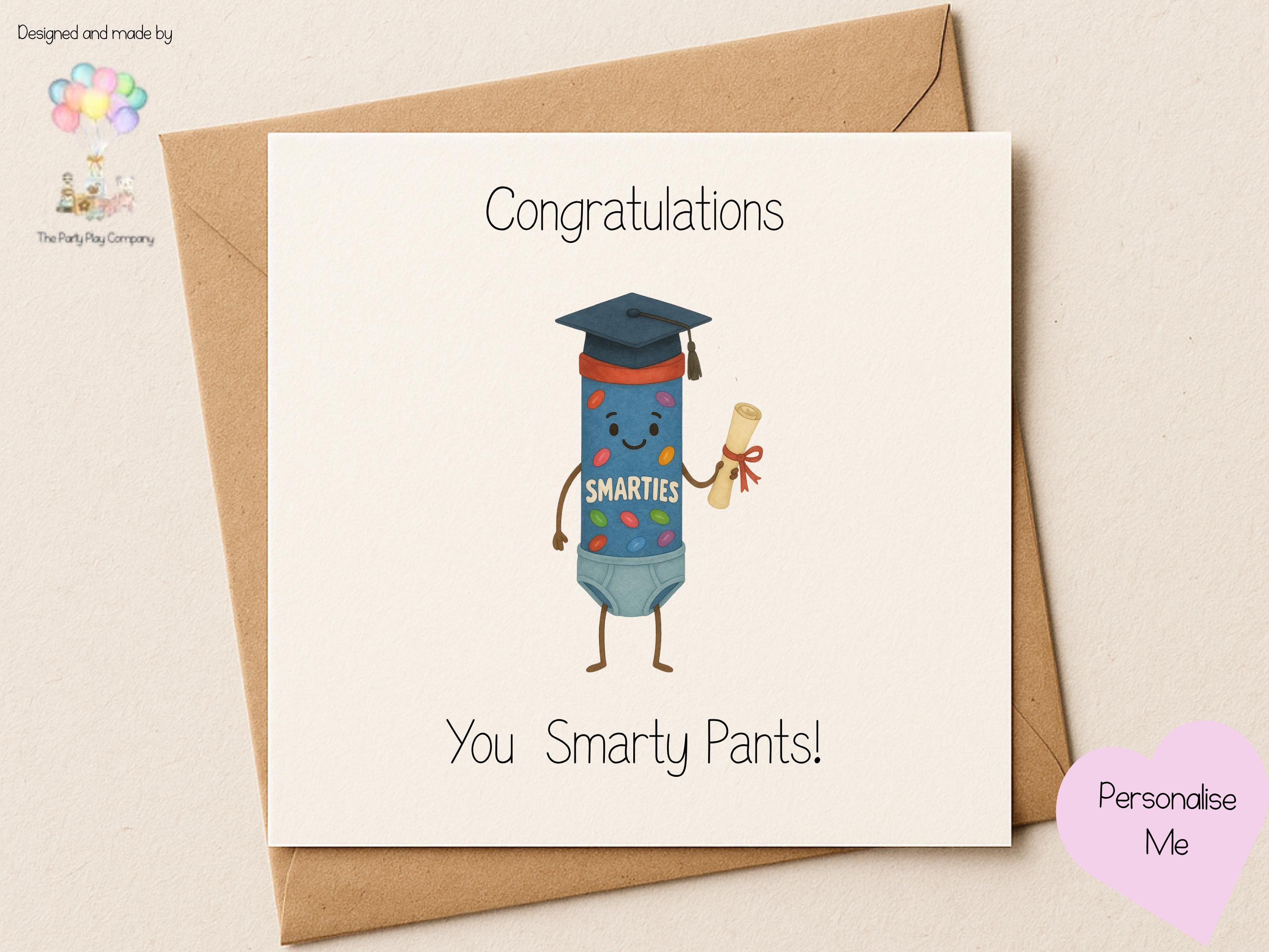 Funny Graduation Card – Smarty Pants Pun with Cap & Scroll, Cute Square Congratulations Card for Graduate