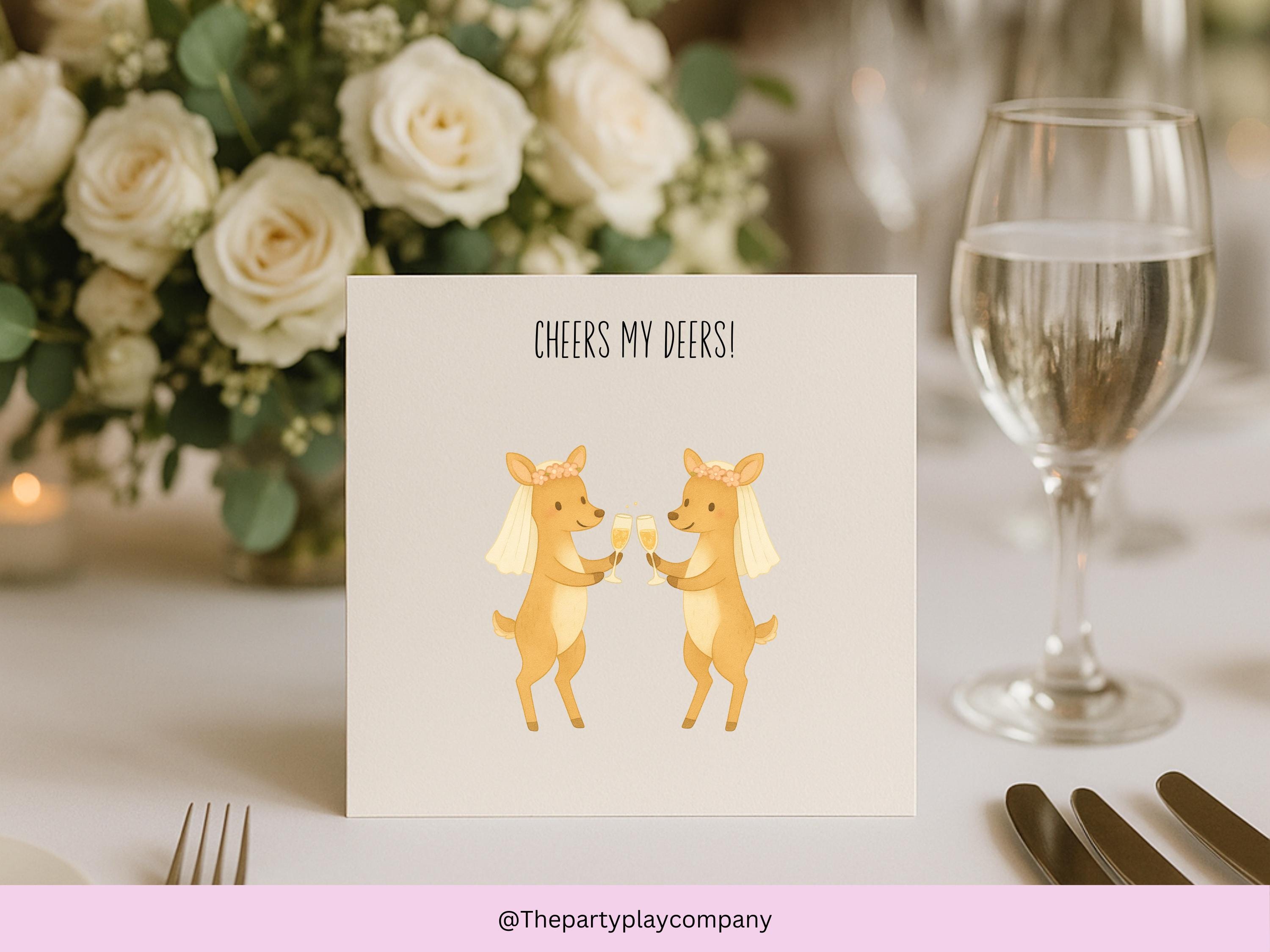 Funny LGBTQ Lesbian Wedding Card – Cheers My Deers Pun – Cute Bride Deer Illustration – Same-Sex Marriage Card for Her