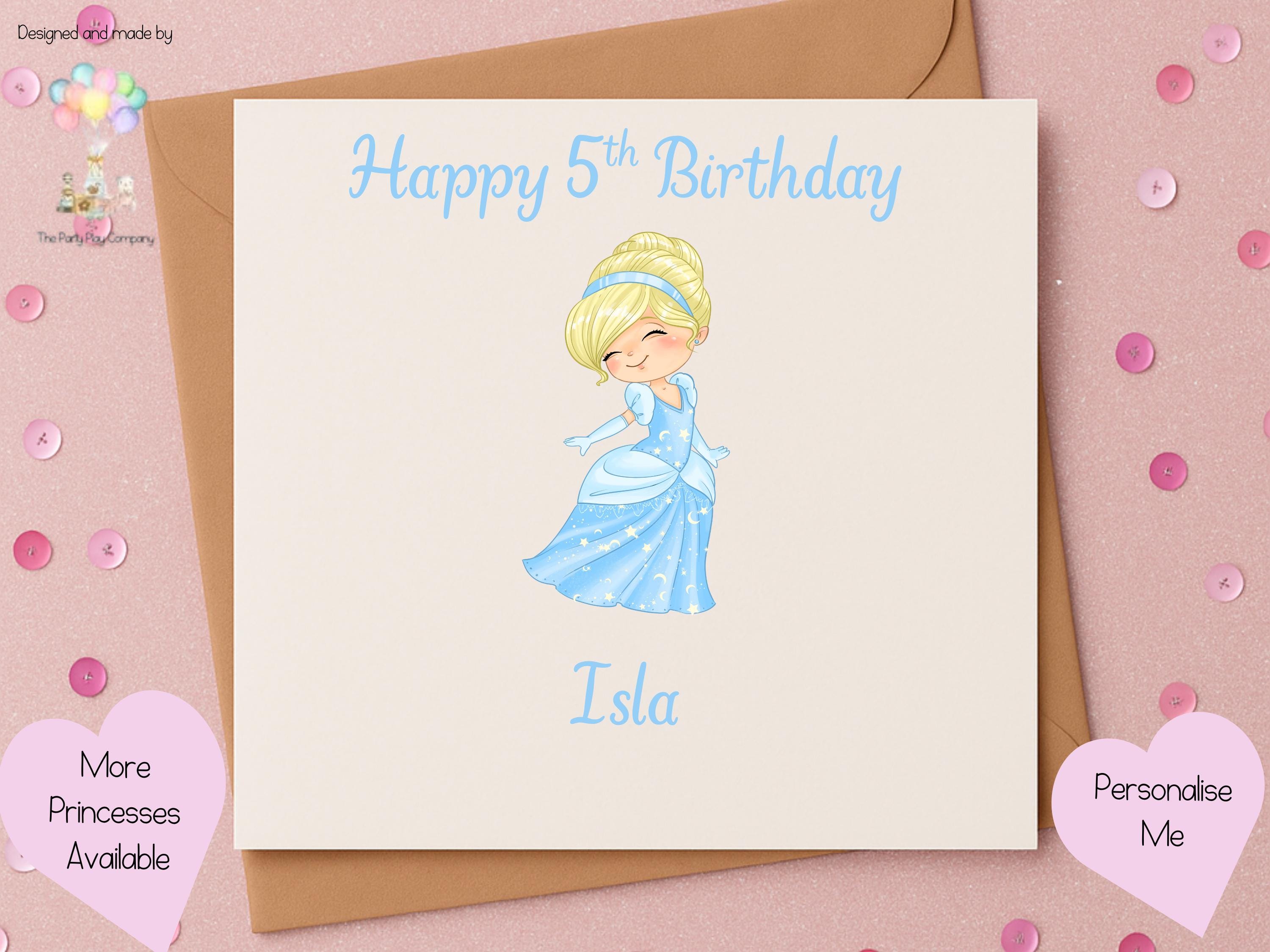 Personalized Princess Birthday Card: Blue Gown, Custom Name & Age