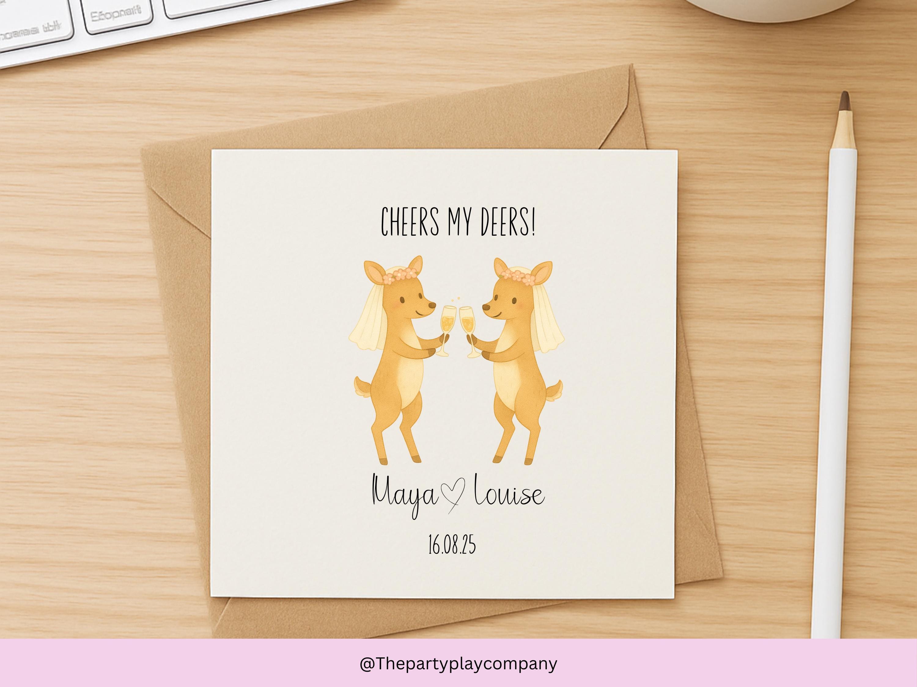 Funny Lesbian Wedding Card: Cheers My Deers Pun, Personalised LGBTQ+ Anniversary Card