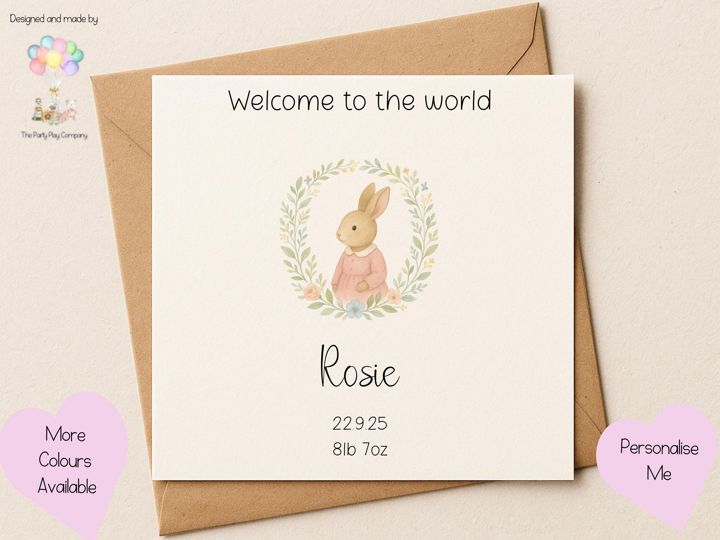 Personalised New Baby Girl Card: Pink Bunny, Name & Date Keepsake