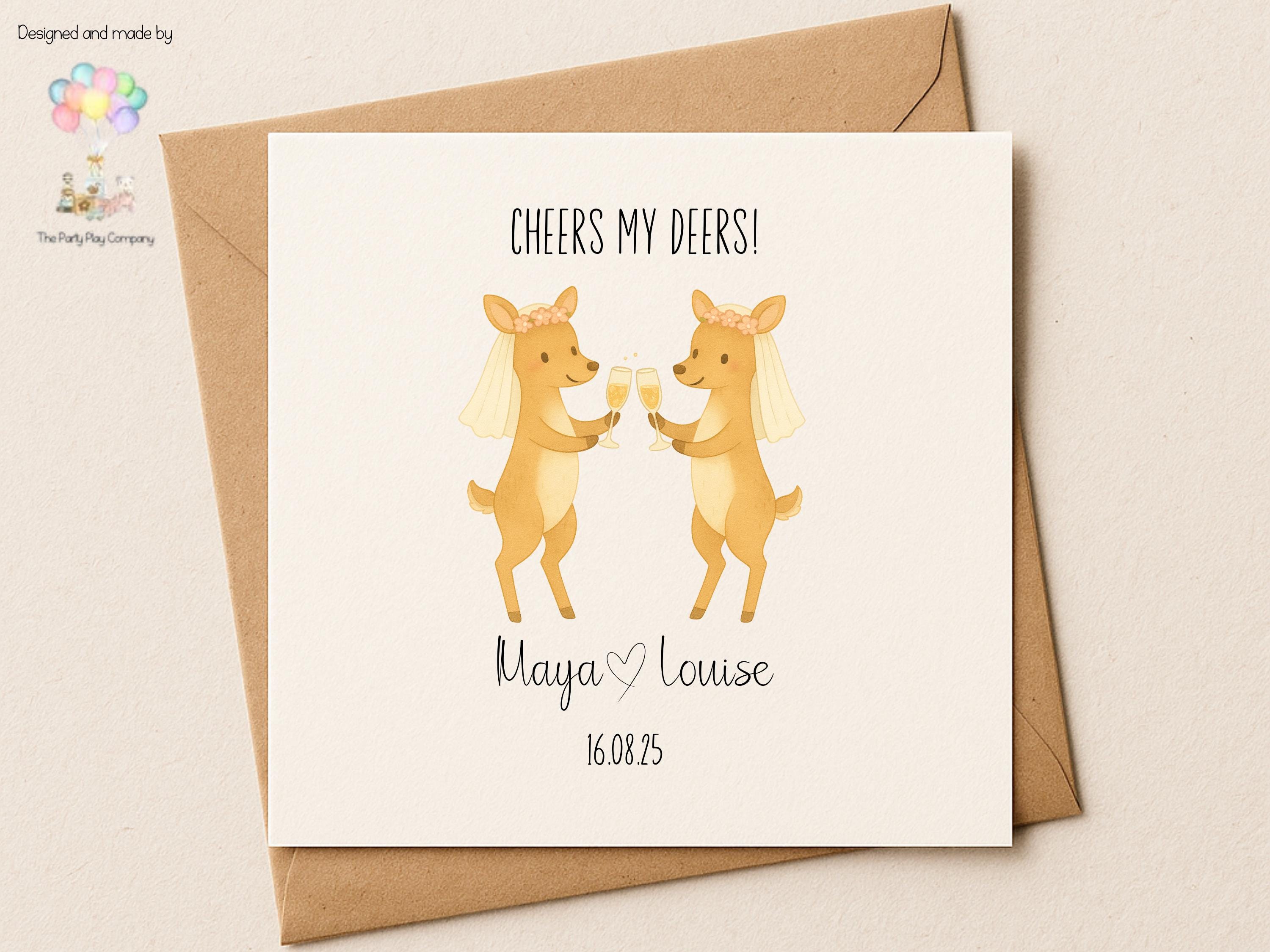 Funny Lesbian Wedding Card: Cheers My Deers Pun, Personalised LGBTQ+ Anniversary Card