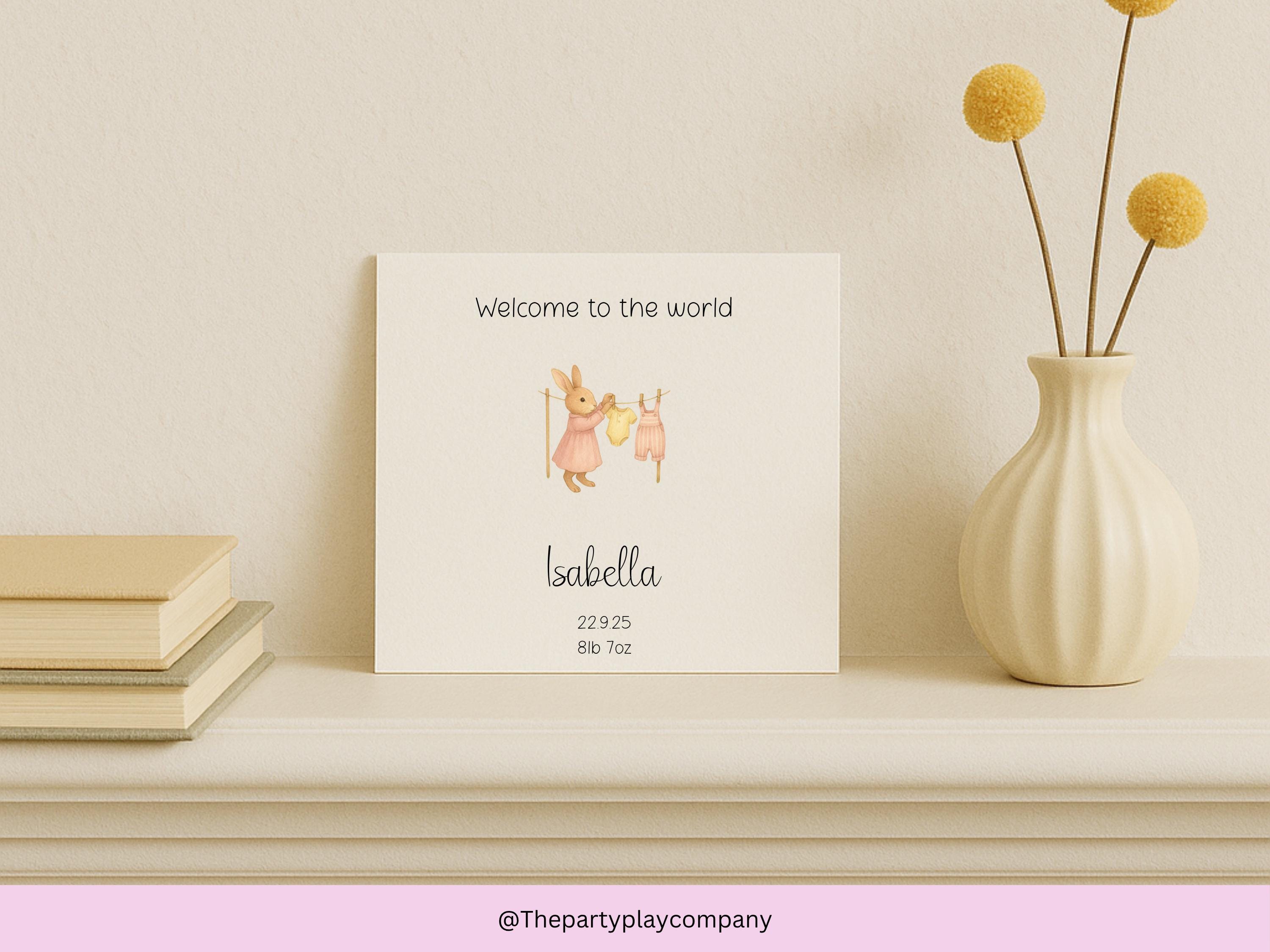 Personalised New Baby Girl Card: Bunny Clothesline Design, Handmade UK