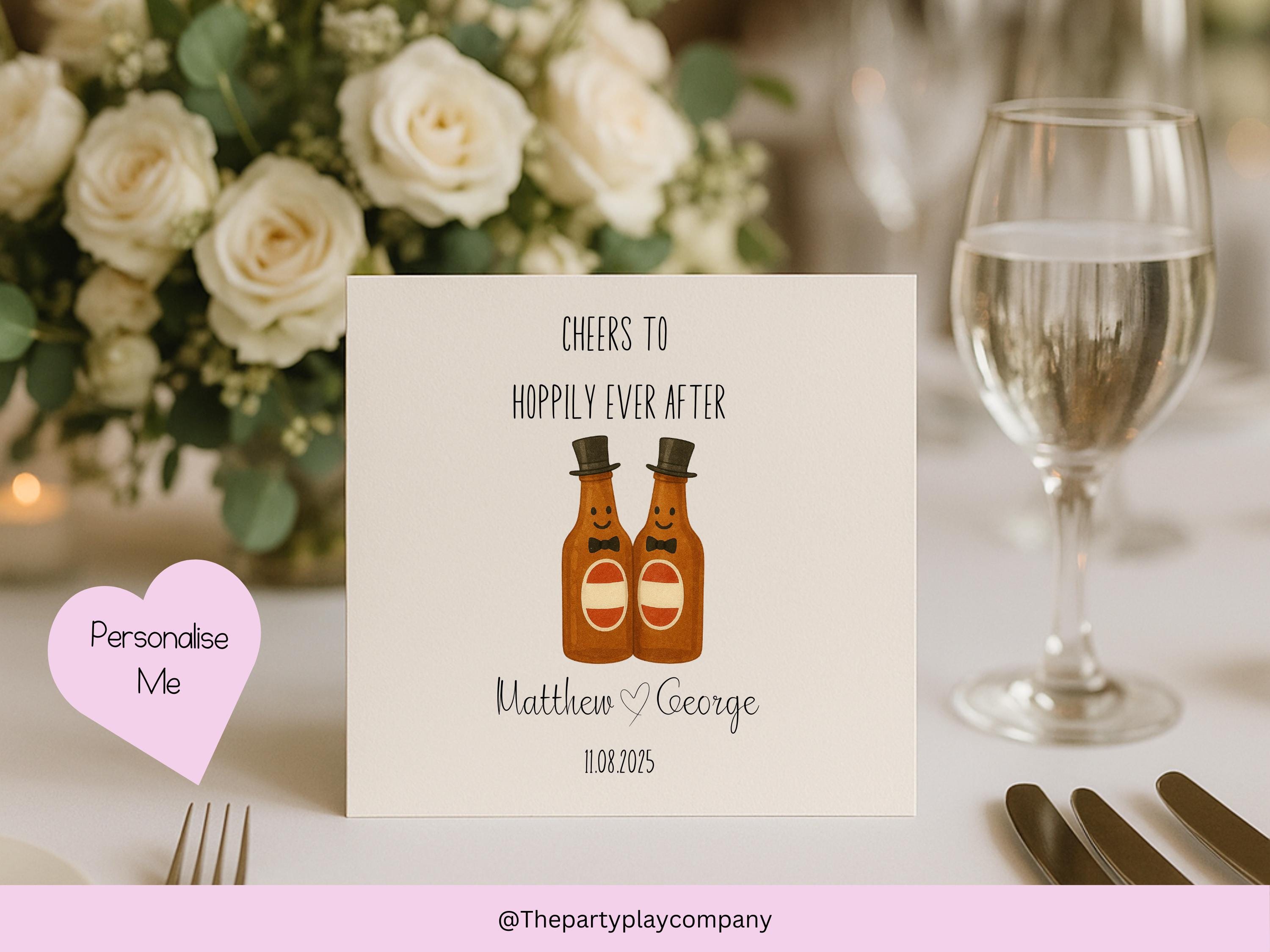 Funny Gay Wedding Card: Hoppily Ever After Beer Pun, Personalised LGBTQ+ Anniversary