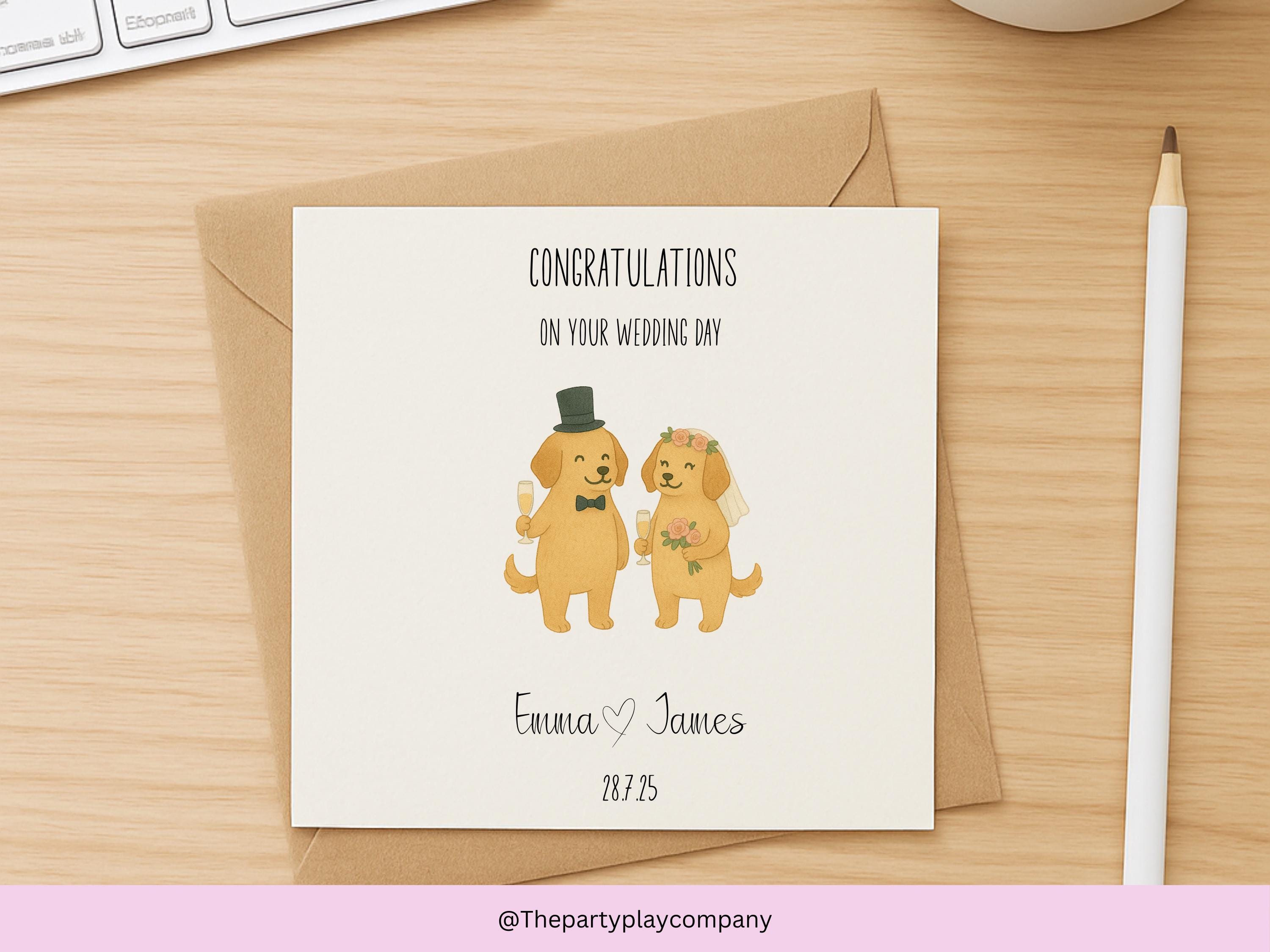 Personalised Wedding Card | Cute Dog Couple | Custom Names & Date | Engagement or Anniversary Card