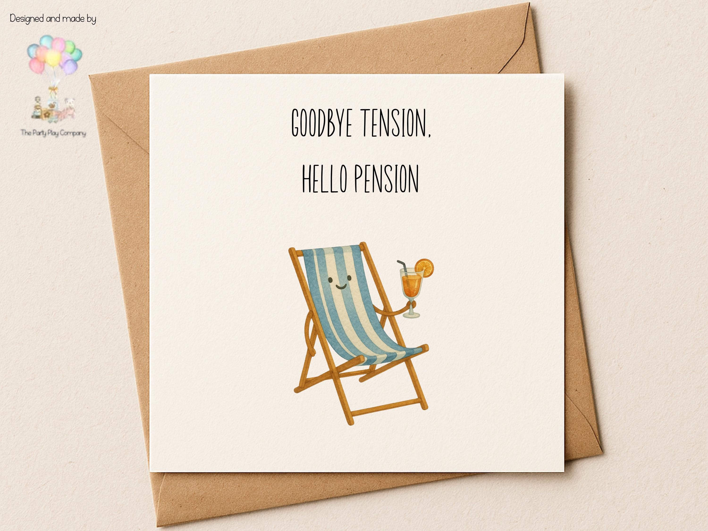 Funny Retirement Card | Goodbye Tension Hello Pension | Quirky Deckchair Pun Card | Happy Retirement Greeting | 4 for 10 Pound Offer