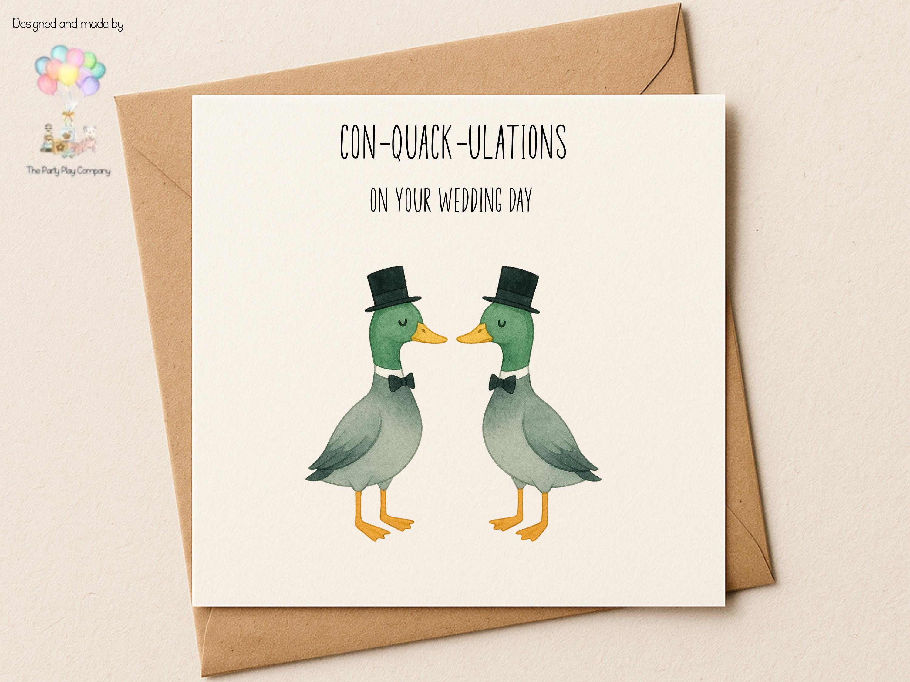 Funny Gay Wedding Card: Con-Quack-ulations Duck Pun Illustration
