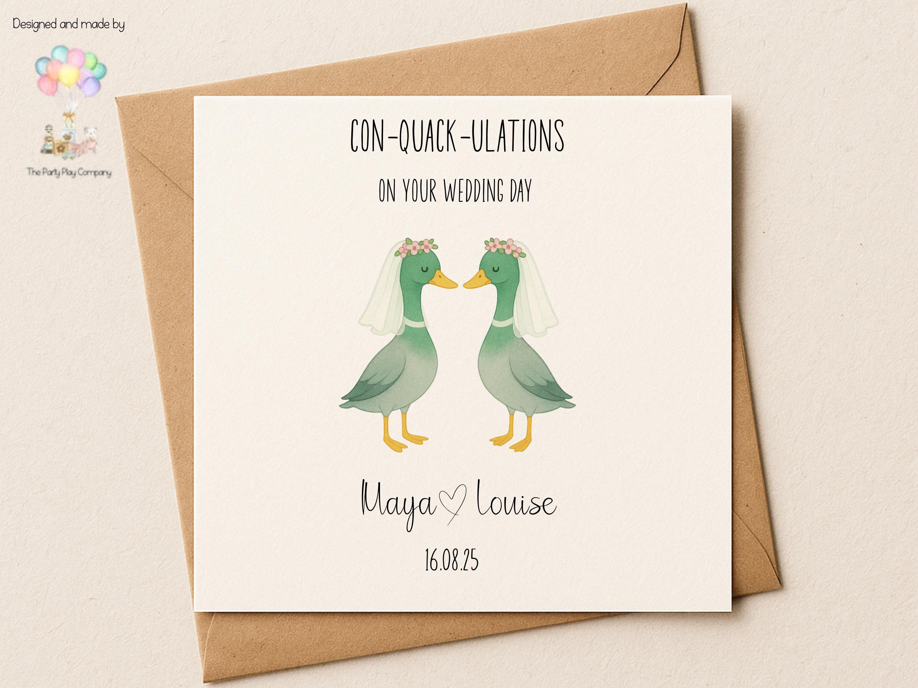 Funny Lesbian Wedding Card: Con-Quack-ulations Duck Pun - Personalized