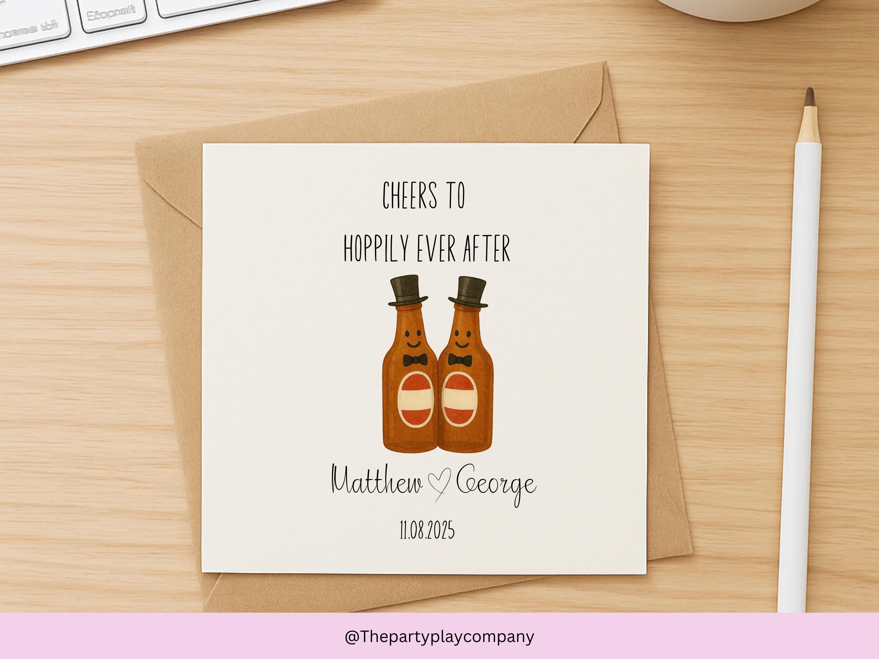 Funny Gay Wedding Card: Hoppily Ever After Beer Pun, Personalised LGBTQ+ Anniversary