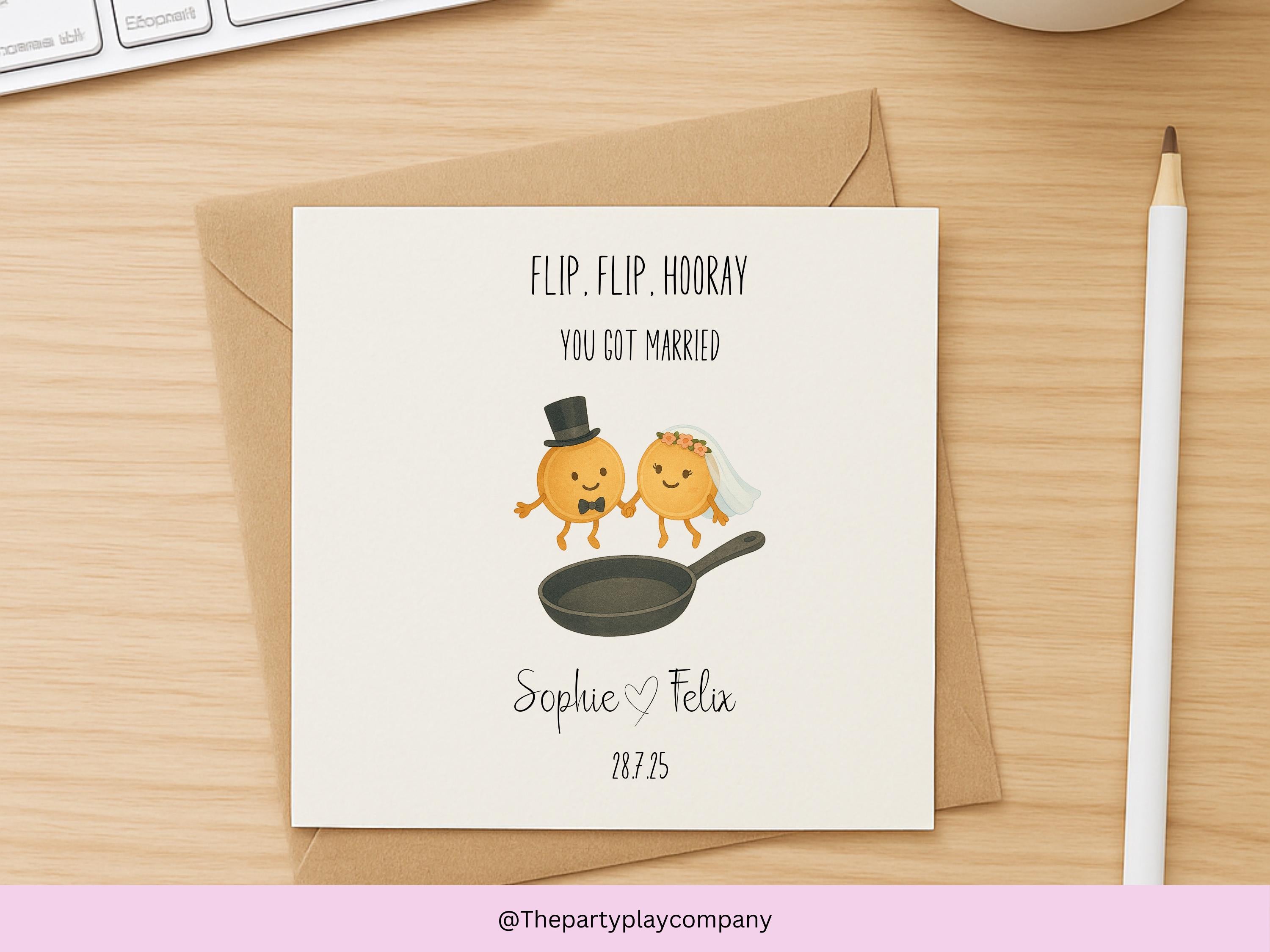 Funny Wedding Card | Pancake Pun Congratulations Card | Flip, Flip, Hooray You Got Married | Personalised Newlyweds | 4 for 10 Pound Offer