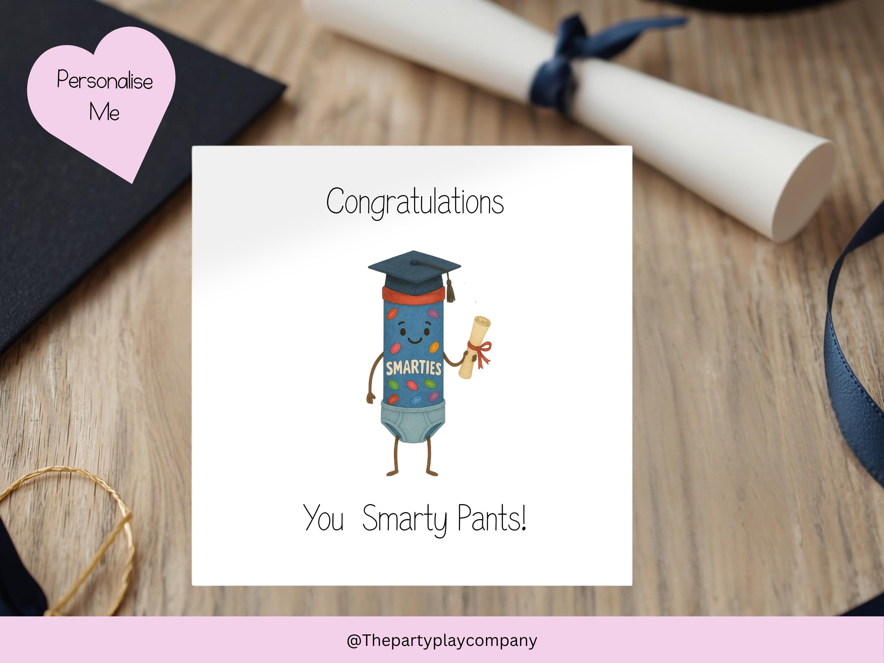 Funny Graduation Card – Smarty Pants Pun with Cap & Scroll, Cute Square Congratulations Card for Graduate