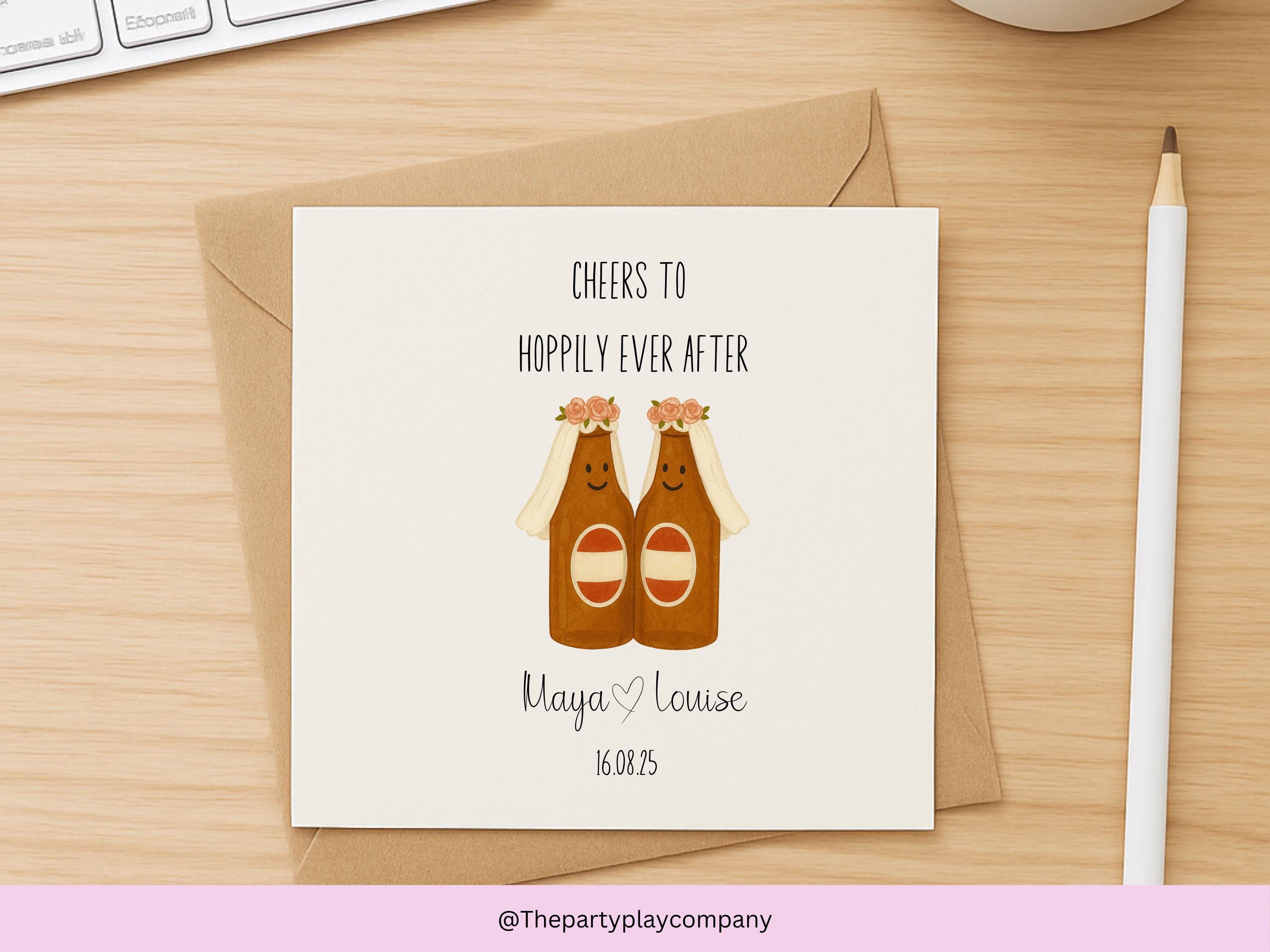 Funny Lesbian Wedding Card: Hoppily Ever After Beer Pun - Personalized LGBTQ+ Anniversary