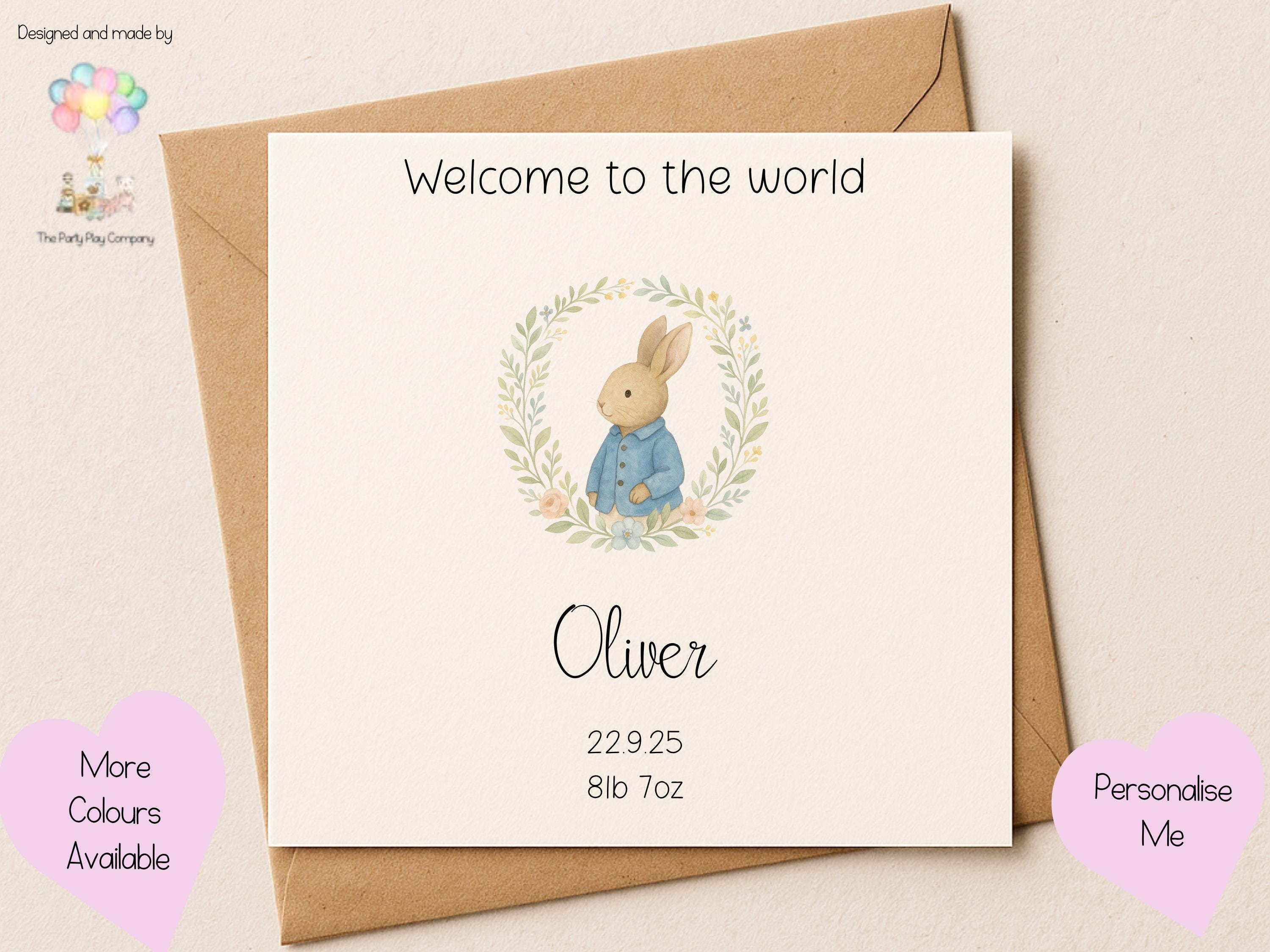 Personalised New Baby Card: Rabbit Floral Wreath Design - Handmade UK