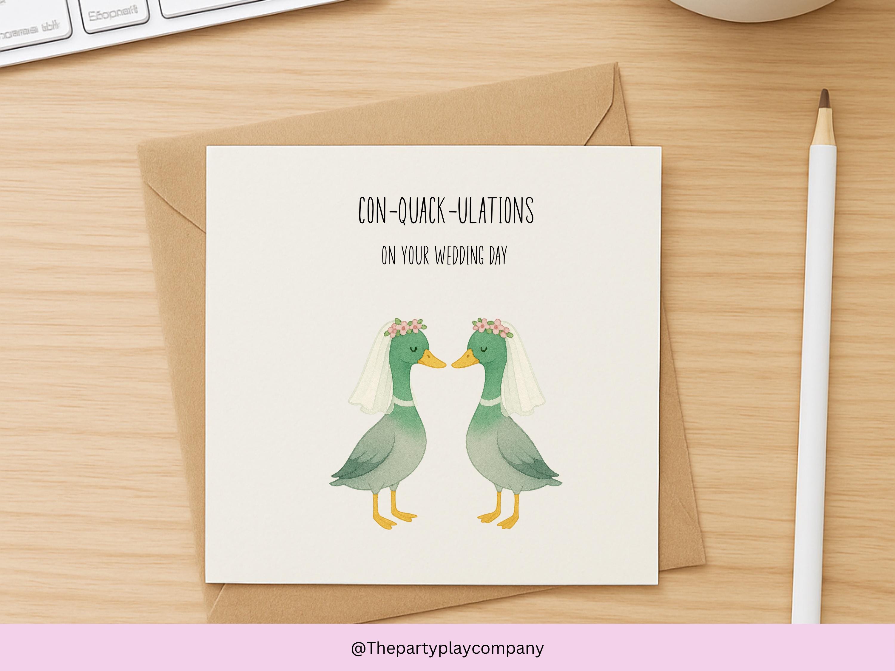 Funny Lesbian Wedding Card: Con-Quack-ulations Duck Pun Illustration