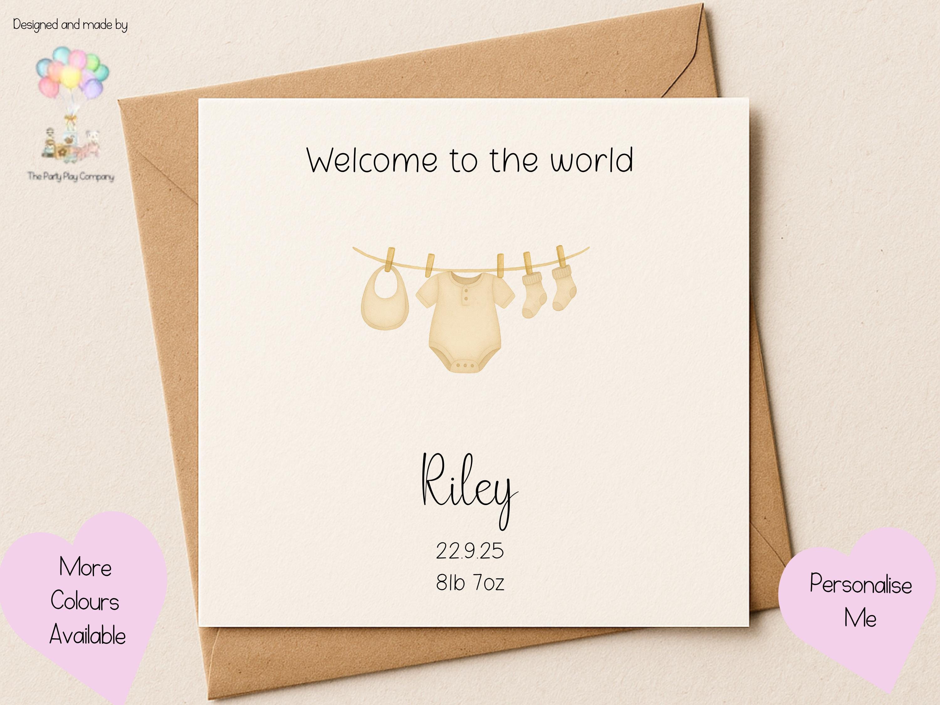 Personalised New Baby Card: Watercolour Clothesline Design, Handmade UK
