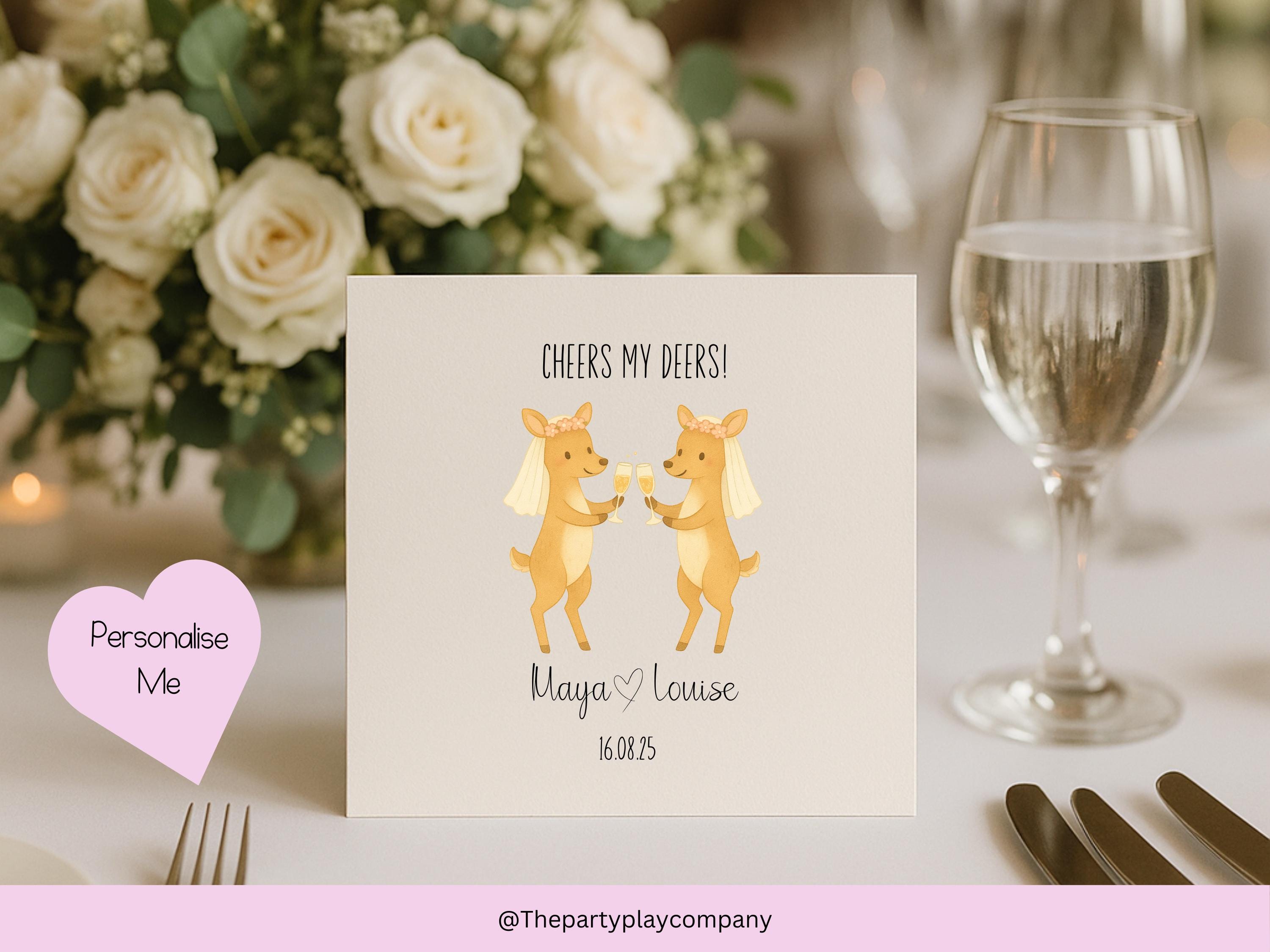 Funny Lesbian Wedding Card: Cheers My Deers Pun, Personalised LGBTQ+ Anniversary Card