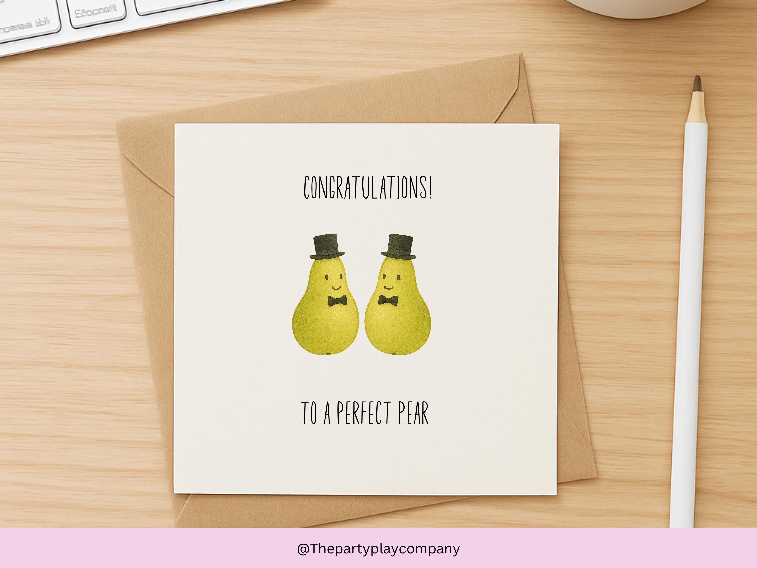 Funny LGBTQ Gay Wedding Card – Perfect Pear Pun – Cute Groom Pears Illustration – Same-Sex Marriage Card for Him