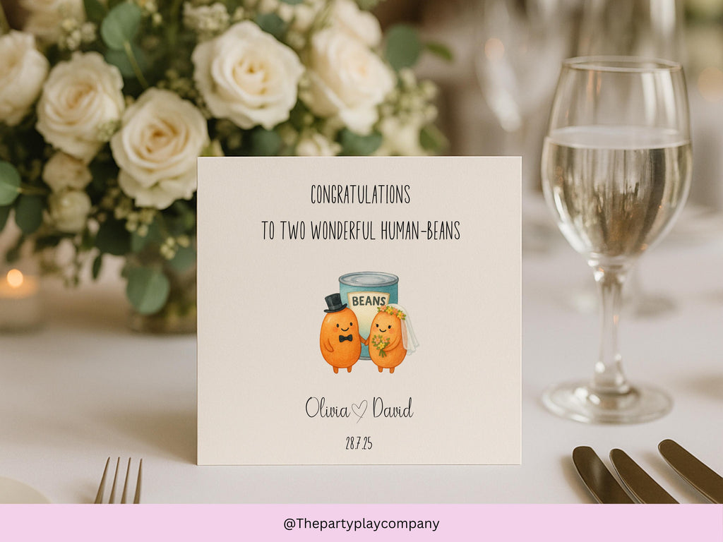 Funny Wedding Card – "Two Wonderful Human-Beans" – Personalised Bean Couple – Custom Names & Date – Cute Pun Card for Newlyweds