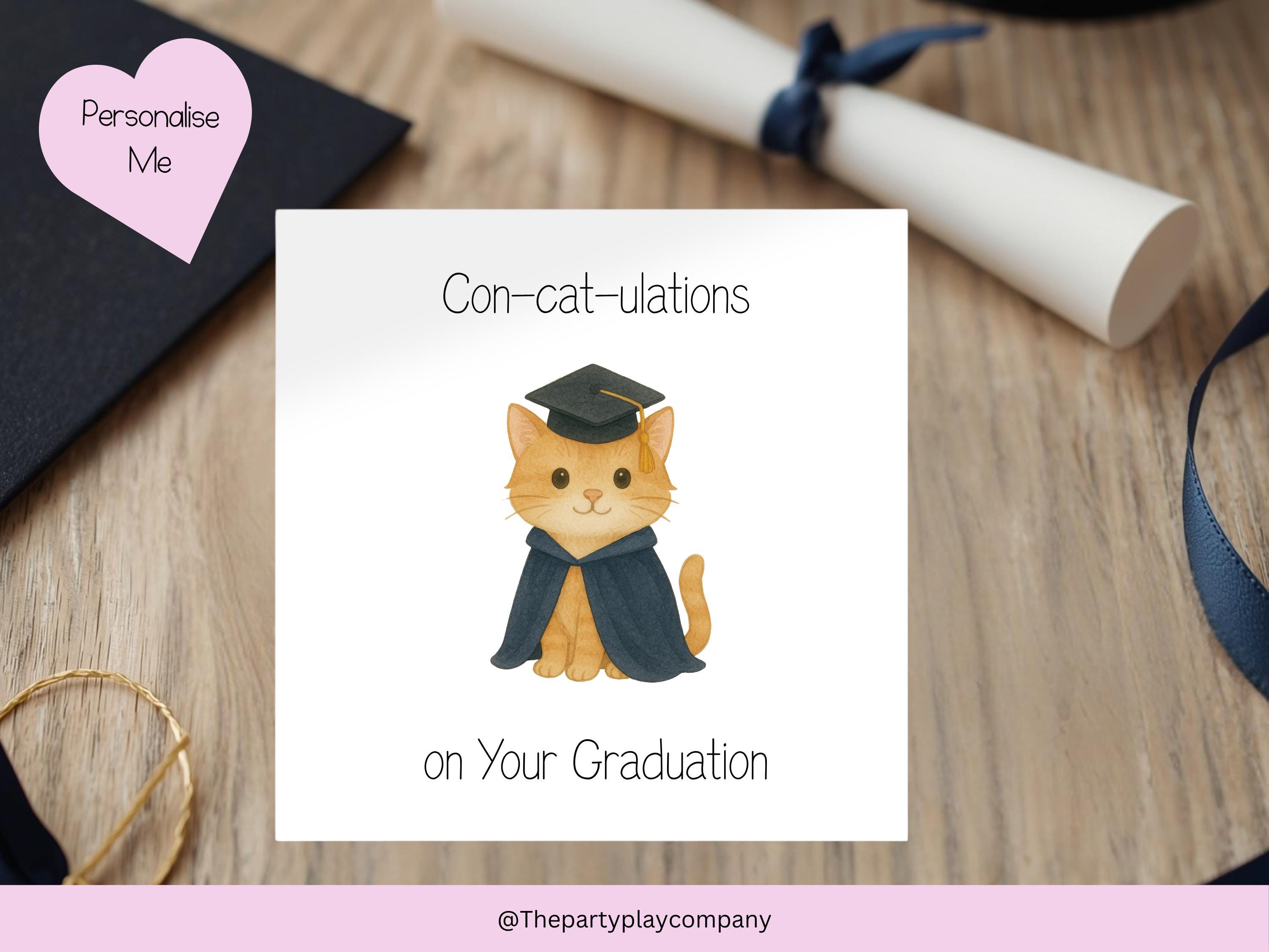 Funny Cat Graduation Card: Con-Cat-ulations Pun, Personalised Gift