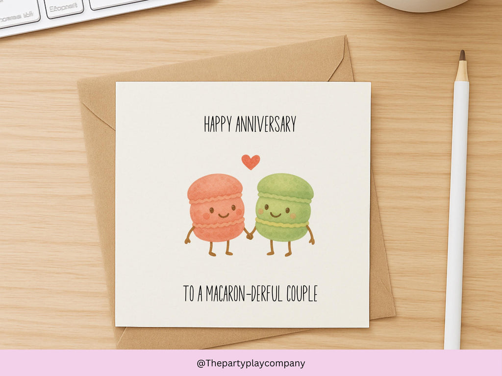 Macaron Anniversary Card: Funny Foodie Pun - Macaron-derful Couple