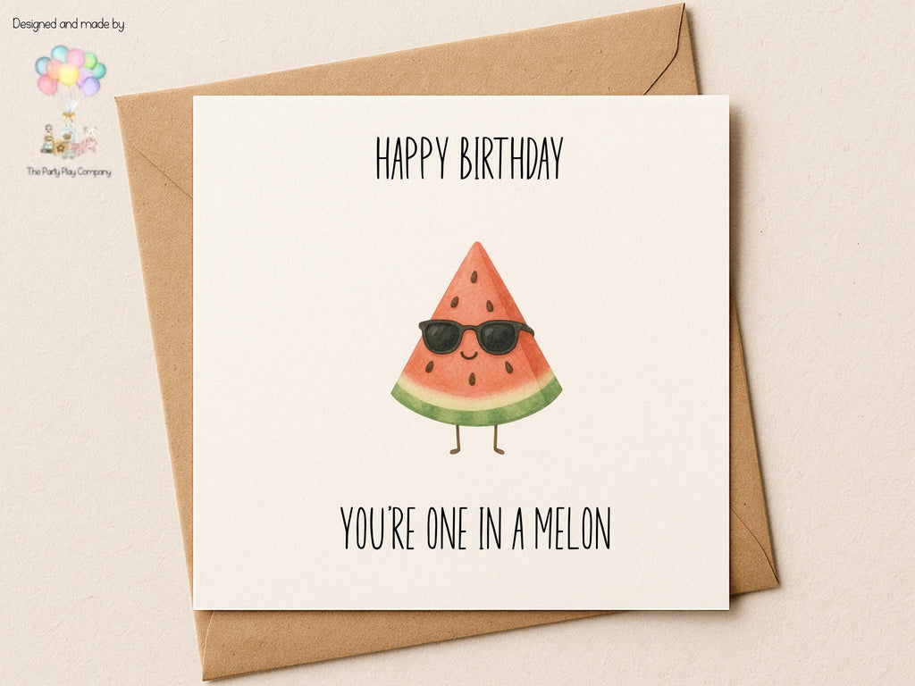 Funny Watermelon Birthday Card: One in a Melon Pun - 6x6 with Envelope