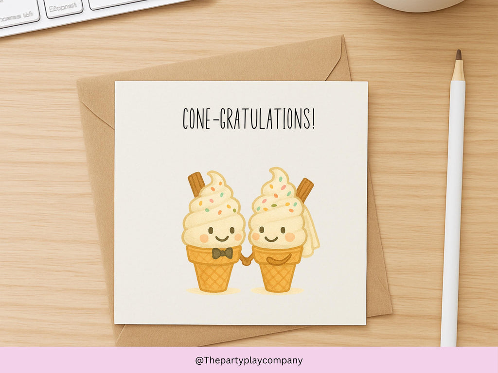 Funny Wedding Card | Ice Cream Pun Congratulations Card | Cone-gratulations Newlyweds Card | Quirky Bride and Groom | 4 for 10 Pound Offer