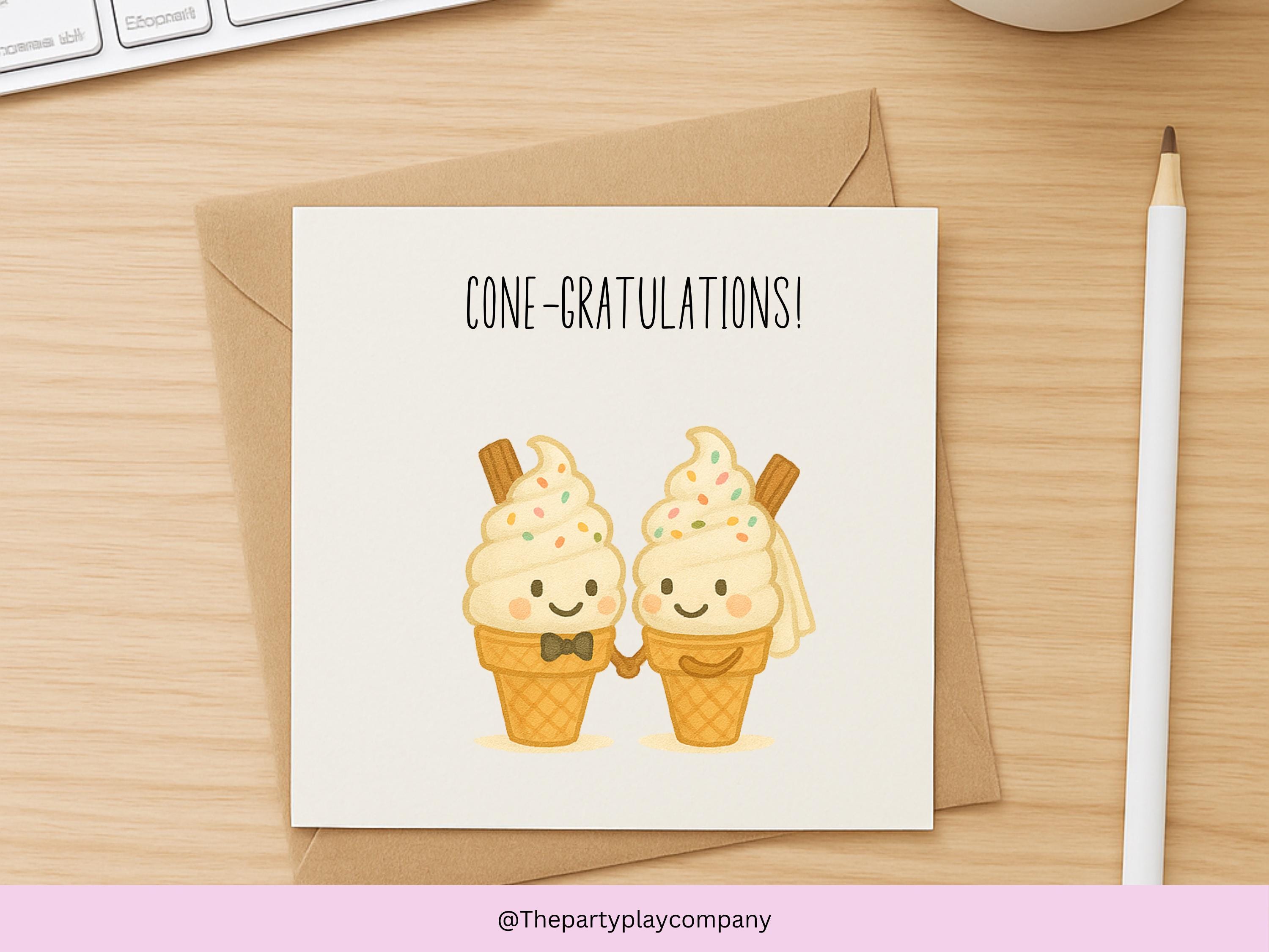 Funny Wedding Card | Ice Cream Pun Congratulations Card | Cone-gratulations Newlyweds Card | Quirky Bride and Groom | 4 for 10 Pound Offer