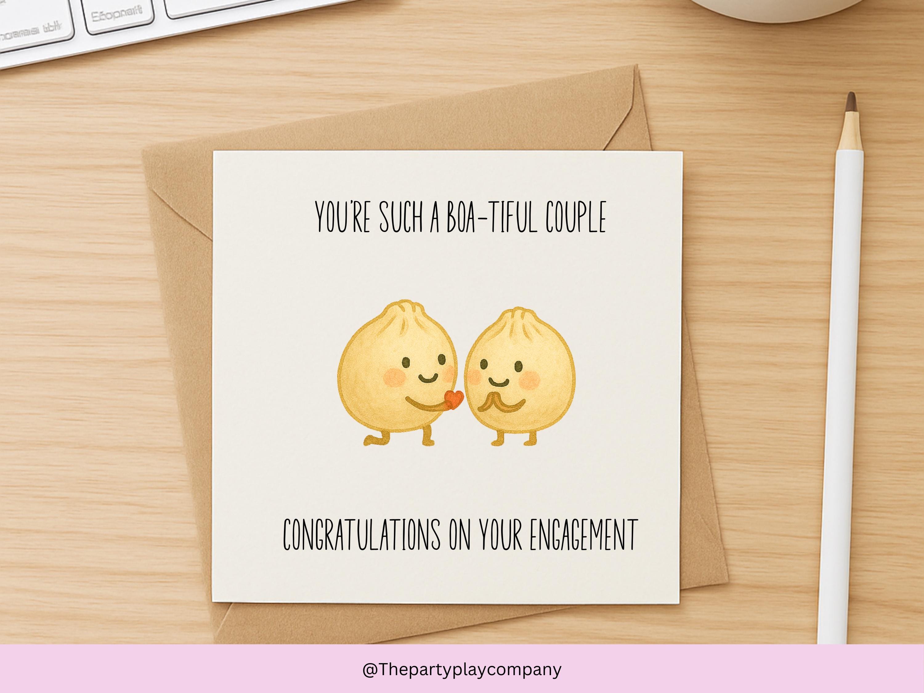 Funny Bao Dumpling Engagement Card: 'Boa-tiful Couple' Pun