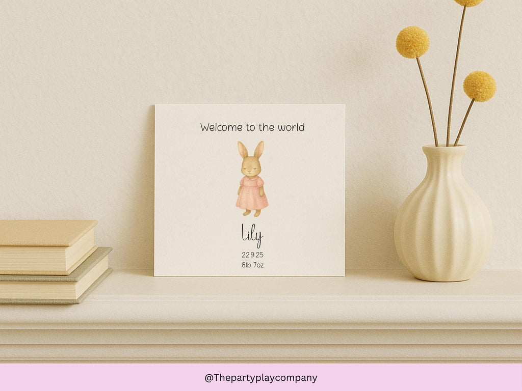 Personalized New Baby Girl Card: Pink Bunny, Name & Birthdate - Handmade Keepsake