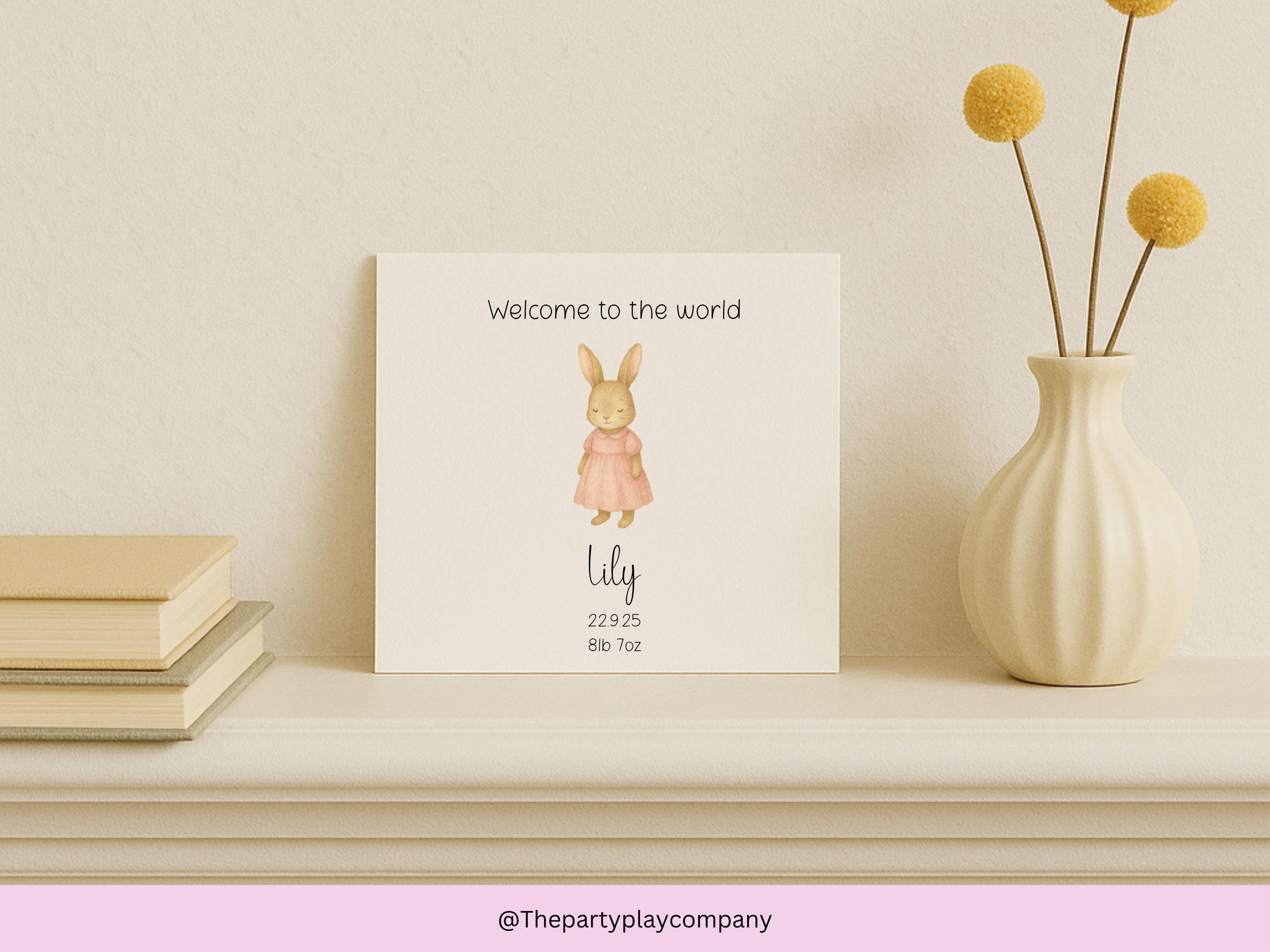 Personalized New Baby Girl Card: Pink Bunny, Name & Birthdate - Handmade Keepsake