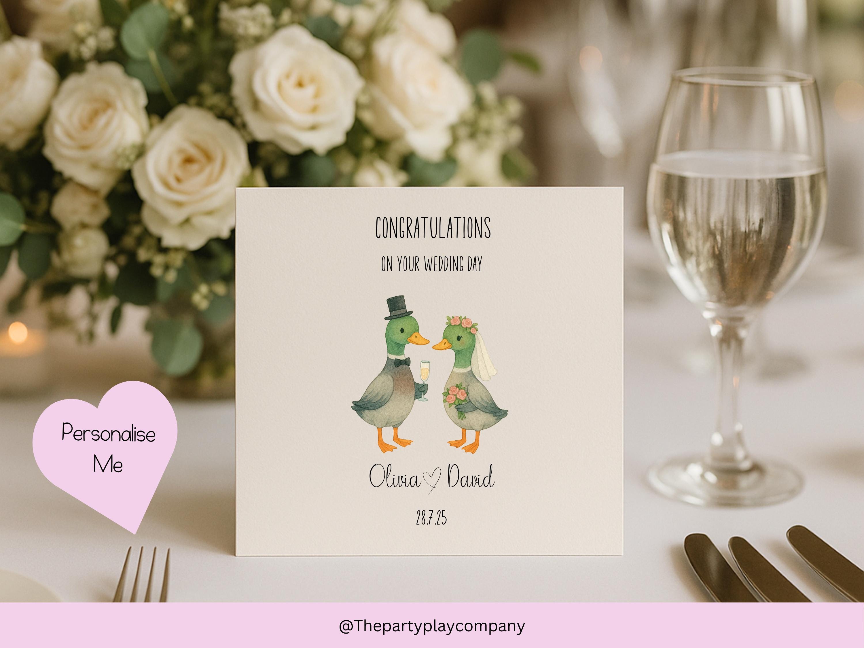Personalised Wedding Card | Cute Duck Couple | Custom Names & Date | Engagement or Anniversary Card