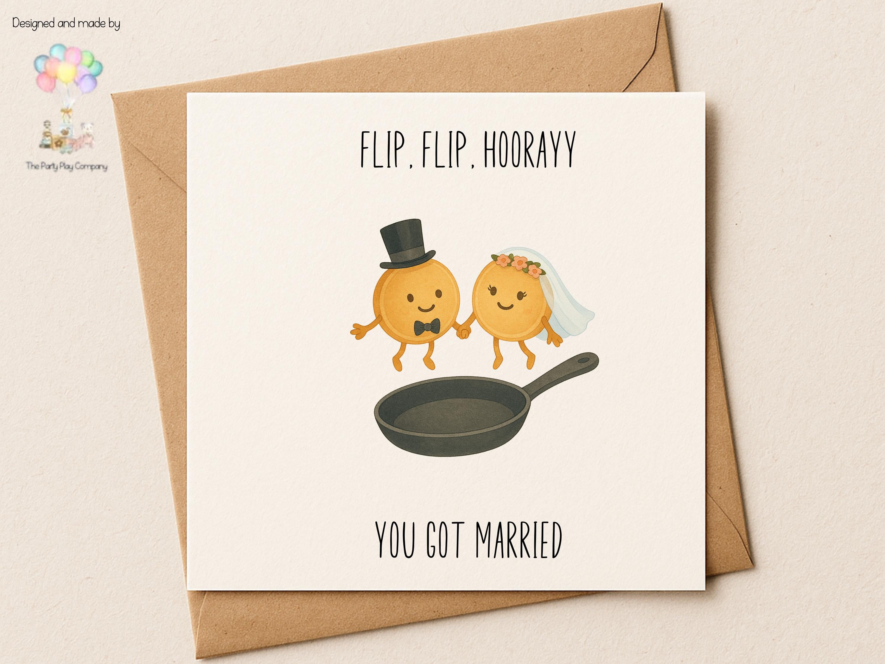 Funny Wedding Card | Pancake Pun Congratulations Card | Flip, Flip, Hooray You Got Married | Quirky Newlyweds Card | 4 for 10 Pound Offer