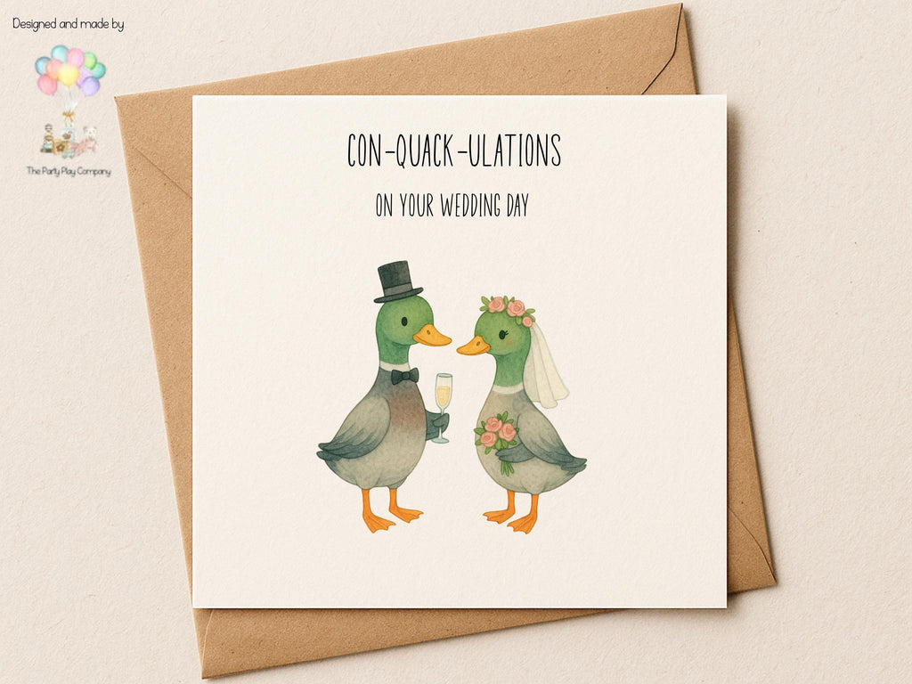 Funny Duck Wedding Card: "Con-Quack-ulations" Mallard Bride & Groom