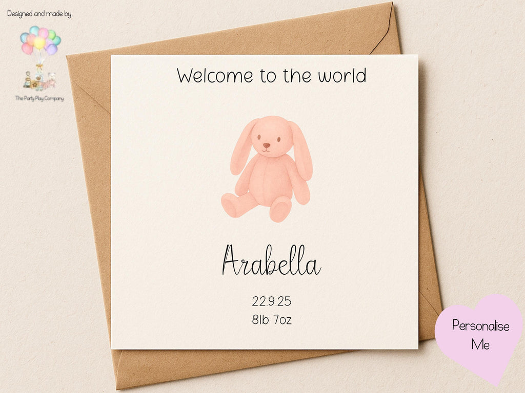 Personalized Pink Bunny New Baby Card: Custom Birth Stats, Handmade